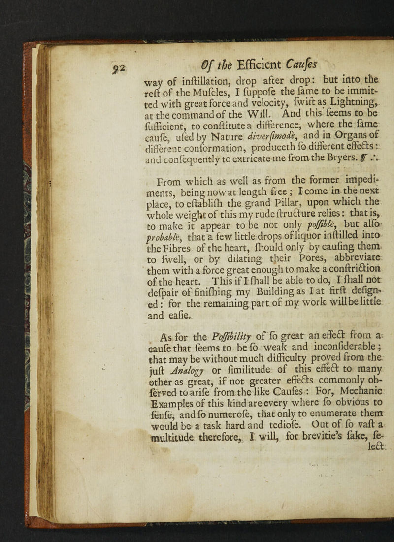 way of inftillaticn, drop after drop: but into the reft of the Mufcles, I fuppofe the fame to be immit- ted with great force and velocity, fwiftas Lightning, at the command of the Will. And this feems to be fufficient, to conftitute a difference, where the lame caule, uled by Nature diverfmode, and in Organs of different conformation, produceth fo different effects v and conlequently to extricate me from the Bryers. From which as well as from the former impedi¬ ments, being now at length free; I come in the next place, to eftablifh the grand Pillar, upon which the whole weight of this my rude ftrucfure relies: that is, to make it appear to be not only poffible, but a 1 fo- probable, that a few little drops of liquor inftilled into the Fibres of the heart, Ihouldonly by caufing them, to fwell, or by dilating their Pores, abbreviate them with a force great enough to make a conftriftion of the heart. This if I (hall be able to do, I lhall not defpair of finifhing my Building as I at firft defign- ed: for the remaining part of my work will be little and eafie. As for the Foffibility of lo great an effe£l from a caufethat leemsto be lo weak and inconfiderable; that may be without much difficulty proved from the juft Analogy or fimilitude of this effefl: to many other as great, if not greater effects commonly ob- lerved to arile from the like Caules: For, Mechanic Examples of this kind are every where lo obvious to fenfe, and fo numerofe, that only to enumerate them would be a task hard and tediole. Out of lo vaft a