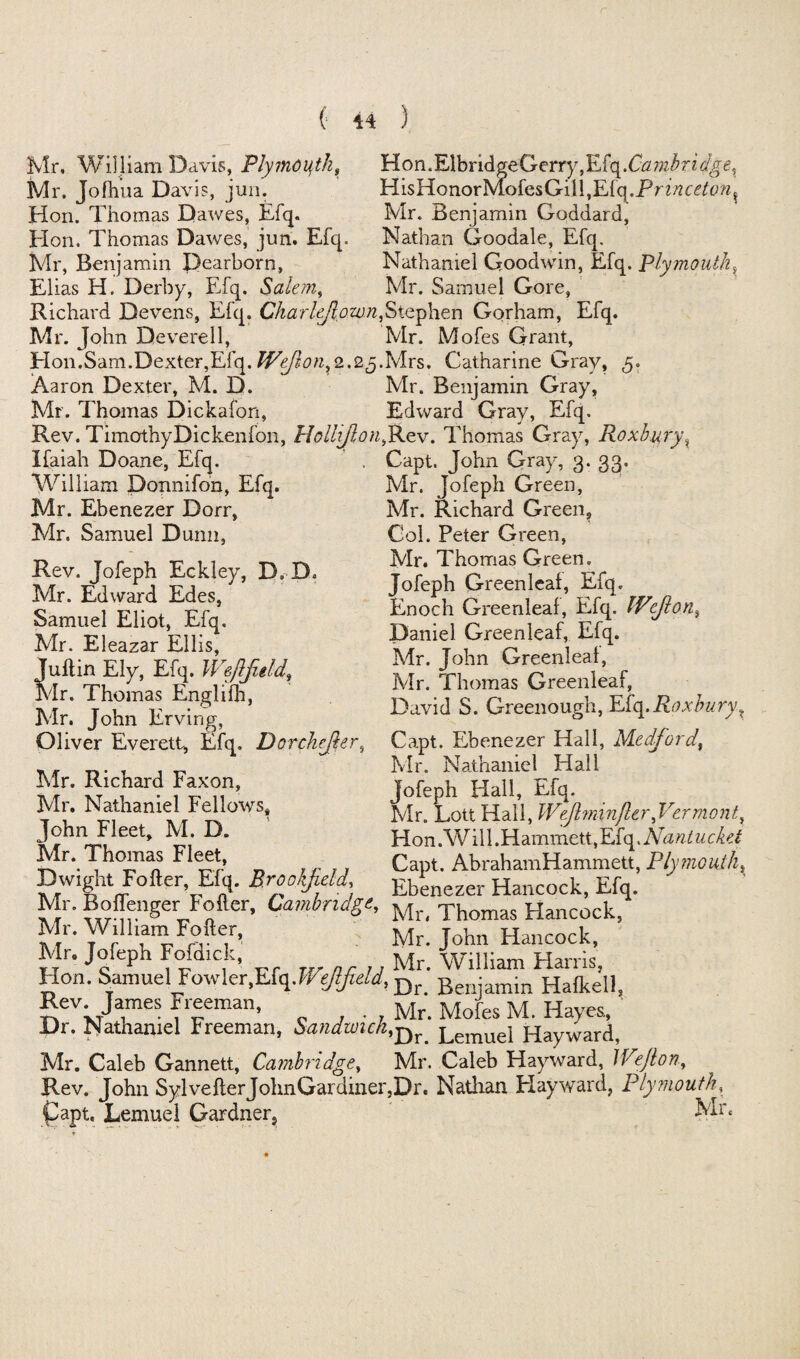 Mr. William Davis, Plymouth, Mr, Jolhua Davis, jun. Hon. Thomas Dawes, Efq. Hon. Thomas Dawes, jun. Efq. Mr, Benjamin Dearborn, Elias H. Derby, Efq. Salem, Richard Devens, Efq. Ckarle/lozvn,Stephen Gorham, Efq. Mr. John Deverell, Mr. Mofes Grant, Elon.Sam.Dexter,Efq. We/ion}2.2^.}Ars. Catharine Gray, 5. Aaron Dexter, M. D. Mr. Benjamin Gray, Mr. Thomas Dickafon, Edward Gray, Efq. Rev. TimothyDickenfon, Hollijlon,Rev. Thomas Gray, Roxbury Hon.ElbridgeGerry,Efq.Ci2?;^rzV^e, HisHonorMofesGill,Efq.Pntfo?/tm^ Mr. Benjamin Goddard, Nathan Goodale, Efq, Nathaniel Goodwin, Efq. Plymouth, Mr. Samuel Gore, Ifaiah Doane, Efq. William Donnifon, Efq. Mr. Ebenezer Dorr, Mr. Samuel Dunn, Rev. Jofeph Eckley, D, D< Mr. Edward Edes, Samuel Eliot, Efq. Mr. Eleazar Ellis, Juflin Ely, Efq. Wefifield, Mr, Thomas Englifh, Mr. John Erving, Oliver Everett, Efq. Dorchefier, Mr. Richard Faxon, Mr. Nathaniel Fellows, John Fleet, M. D. Mr. Thomas Fleet, Dwight Fofter, Efq. Brookfield, ?°1[fngetF”fler’ Cambridge, Mn ThomaTHancock, Mr. William Fofter, Mr. John Hancock, ' r. Jofeph Fofdick, Mr. William Harris, Hon. Samuel Fowler,Efq .Wtjlfidd, Dr Benjam;n Halkell, Rev James Freeman, Mr. Mofes M. Hayes, Dr. Nathaniel Freeman, Sandwich,Dr Lemuel Hayward, Mr. Caleb Gannett, Ca?7ibridge, Mr. Caleb Hayward, Weflon, Rev. John SylvefterJohnGardiner}Dr. Nathan Elayward, Plymouth, ‘'apt, Lemuel Gardner Mr. Capt. John Gray, 3. 33. Mr. Jofeph Green, Mr. Richard Green, Col. Peter Green, Mr. Thomas Green. Jofeph Greenleaf, Efq. Enoch Greenleal, Efq. Wefioti% Daniel Greenleaf, Efq. Mr. John Greenleal, Mr. Thomas Greenleaf, David S. Greenough, Roxbury^ Capt. Ebenezer Hall, Medford, Mr. Nathaniel Hall Jofeph Hall, Efq. Mr. Lott Hall, Wejhninjler, Vermont^ Hon. W i 11. H ammett, Efq. Na ntucket Capt. AbrahamHammett, Plymouth, Ebenezer Hancock, Efq.