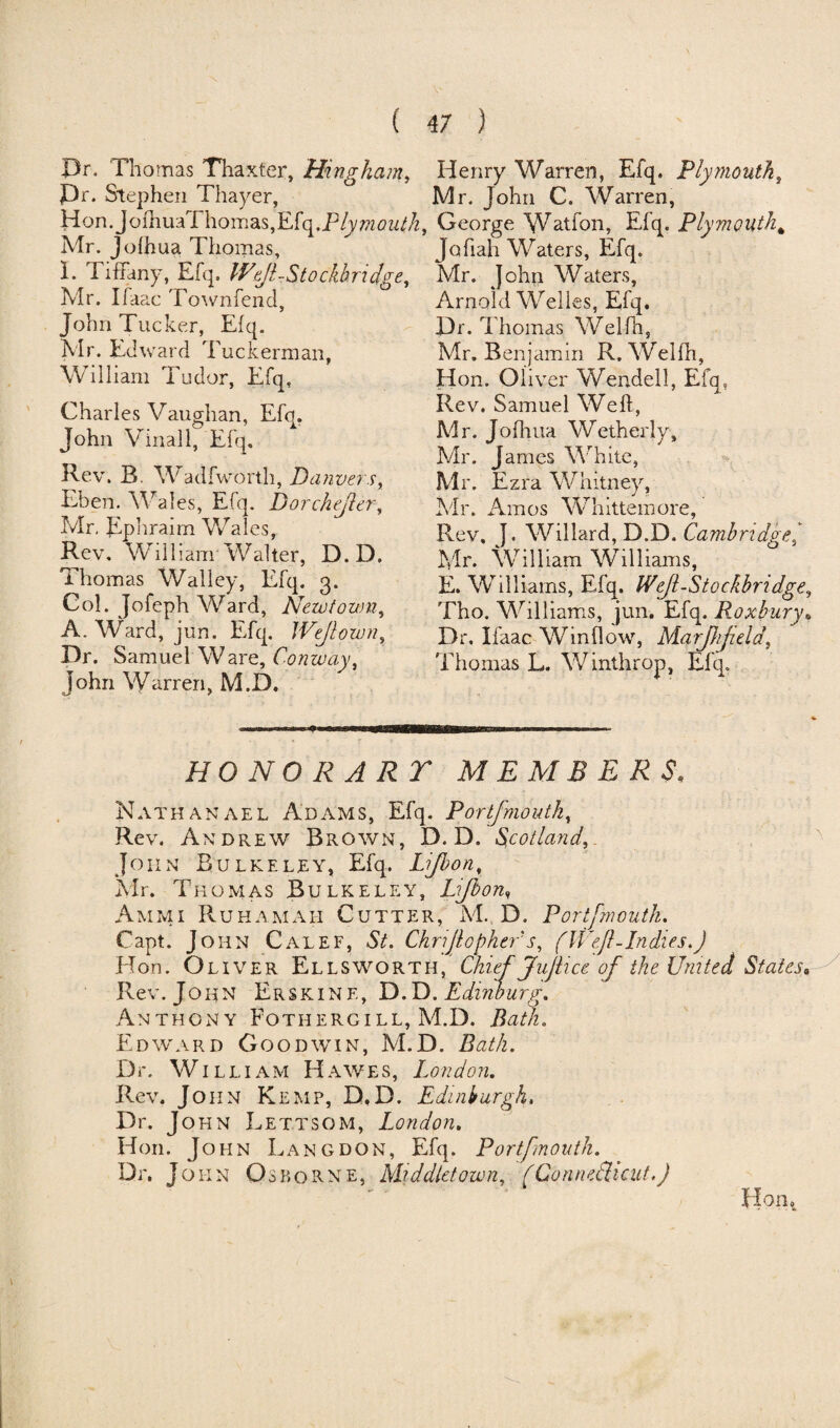 Dr. Thomas Thaxter, Hingham, Dr. Stephen Thayer, Hon.JoiliuaThomas,Efq.P/y??2tfzz//z, Mr. Jofhua Thomas, I. Tiffany, Efq, IVeJl-Stockhridge, Mr. Ifaac Townfend, John Tucker, Efq. Mr. Edward Tuckerman, William Tudor, Efq, Charles Vaughan, Efq. John Vinall, Efq. Rev. R. Wadfworth, Danvers, Eben. Wales, Efq. Dorchejler, Mr. Ephraim Wales, Rev. William Walter, D. D. Thomas Walley, Efq. 3. Col. Jofeph Ward, Newtown, A. Ward, jun. Efq. Wejlown, Dr. Samuel Ware, Conway, John Warren, M.D. Henry Warren, Efq. Plymouth, Mr. John C. Warren, George Watfon, Efq. Plymouth* Jofiah Waters, Efq. Mr. John Waters, Arnold Welles, Efq. Dr. Thomas Welfh, Mr. Benjamin R.Welfh, Hon. Oliver Wendell, Efq, Rev. Samuel Weft, Mr. Jofhua Wetherly, Mr. James White, Mr. Ezra Whitney, Mr. Amos Whittemore, Rev. J. Willard, D.D. Cambridge; Mr. William Williams, E. Williams, Efq. IVeJl-Stockbridge, Tho. Williams, jun. Efq. Roxbury„ Dr. Ifaac Window, Marjhjitld, 'Thomas L. Winthrop, Efq. HONORARY MEMBERS. Nathanael Adams, Efq. Port/mouth, Rev. Andrew Brown, D.D. Scotland,. John Bulkeley, Efq. Li/bon, Mr. Thomas Bulkeley, Lijbon, Ammi Ruhamah Cutter, M. D. Portfmouth. Capt. John Calef, St. Chnjlophers, fWefl-Indies.) Hon. Oliver Ellsworth, Chief JuJhce of the United States, Rev .John Erskine, D.D. 'Edition nr. Anthony Fothergill, M.D. Bath. Edward Goodwin, M.D. ZfaM. Dr. W ill 1 am Hawes, London. Rev. John Kemp, D.D. Edinburgh. Dr. J ohn Lettsom, London. Hon. John Lang don, Efq. Portfmouth. Dr. John Qsborne, Middletown, (Connecticut.) Horn