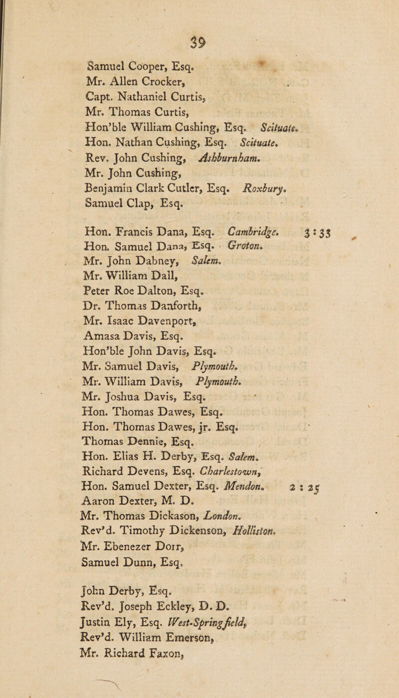 Samuel Cooper, Esq. Mr. Allen Crocker, Capt. Nathaniel Curtis, Mr. Thomas Curtis, Hon’ble William Cushing, Esq. Satuate* Hon. Nathan Cushing, Esq. Scituate. Rev. John Cushing, Ashhurnham, Mr. John Cushing, Benjamin Clark Cutler, Esq. Roxbury0 Samuel Clap, Esq. Hon. Francis Dana, Esq. Cambridge, 3 : 35 Hon. Samuel Dana, Esq. Groton. Mr. John Dabney, Salem. Mr. William Dali, Peter Roe Dalton, Esq. Dr. Thomas Danforth, Mr. Isaac Davenport, Amasa Davis, Esq. Hon’ble John Davis, Esq. Mr. Samuel Davis, Plymouth. Mr. William Davis, Plymouth. Mr. Joshua Davis, Esq. Hon. Thomas Dawes, Esq. Hon. Thomas Dawes, jr. Esq. Thomas Dennie, Esq, Hon. Elias H. Derby, Esq. Salem. Richard Devens, Esq. Charlestown, Hon. Samuel Dexter, Esq. Mendona 2 % 25 Aaron Dexter, M, D. Mr. Thomas Dickason, London. Rev’d. Timothy Dickenson, Holliston, Mr. Ebenezer Dorr, Samuel Dunn, Esq. John Derby, Esq. Rev’d. Joseph Eckley, D. D. Justin Ely, Esq. IVest-SprimgJleld9 Rev’d. William Emerson*, Mr. Richard Faxon,