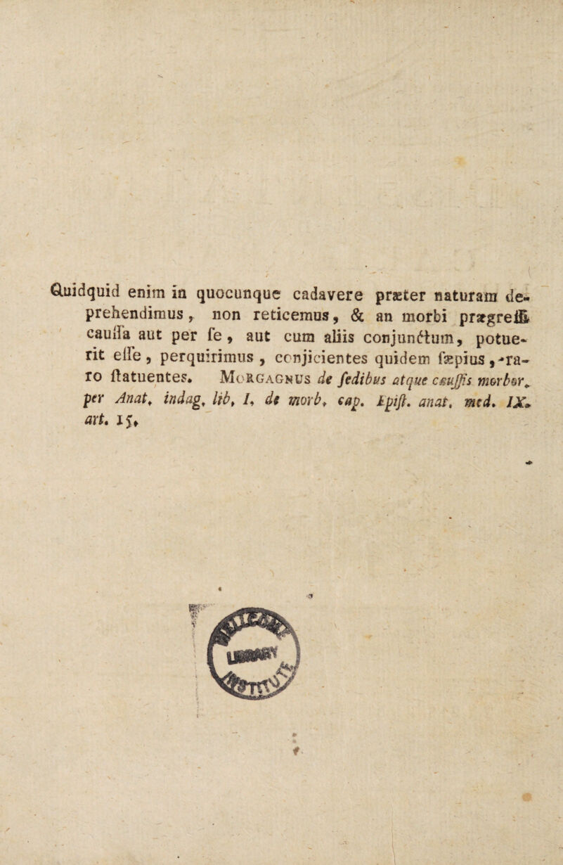 J Quidquid enim ia quocunque cadavere praeter naturam de¬ prehendimus , non reticemus, & an morbi prsrgreiS cauda aut per fe , aut cum aliis conjunctum, potue¬ rit elle, perquirimus, conjicientes quidem fepius,^ra¬ ro ftatuentes. Morgagnus de fedibvs atque esuffis morb^r* per Anat\ indag, libt /, de morbf Gap. Epift. anat% med• IX* art. if* r f