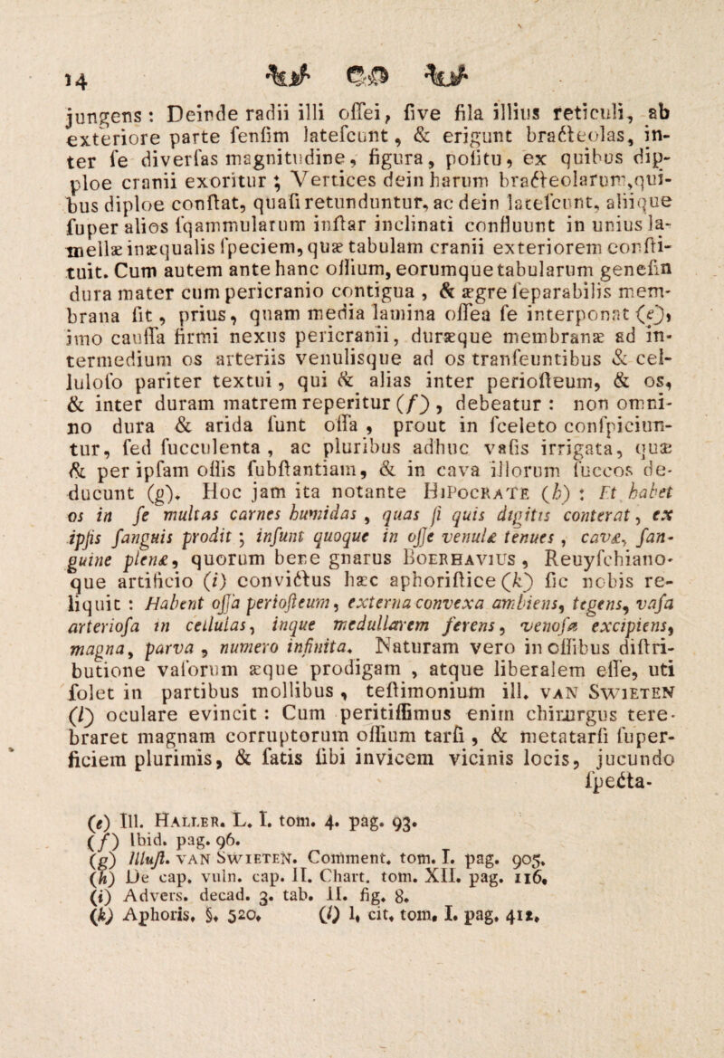 H jungens: Deinde radii illi offei, five fila illius reticuli, ab exteriore parte fenfim latefcunt, & erigunt brafleolas, in¬ ter fe diverfas magnitudine, figura, politu, ex quibus dip- ploe cranii exoritur; Vertices dein harum brafheolarurrqqui- bus diploe confiat, qtiafi retunduntur, ac dein latefcunt, aliique fuper alios fqammularum infiar inclinati confluunt in unius la- tnellse inaequalis fpeciem, quae tabulam cranii exteriorem eonffi- tuit. Cum autem ante hanc ollium, eorumque tabularum genefin dura mater cum pericranio contigua , & aegre leparabilis mem¬ brana fit, prius, quam media lamina offea fe interponat (£)* imo cauffa firmi nexus pericranii, dtiraeque membranae ad in¬ termedium os arteriis venulisque ad os tranfeuntibus & cel- lulofo pariter textui, qui fk alias inter periofteum, & os, & inter duram matrem repentur (/) , debeatur: non omni¬ no dura & arida funt offa , prout in fceleto confpiciun- tur, fed fucculenta , ac pluribus adhuc vafis irrigata, quae & per ipfam ollis fubftantiam, & in cava illorum fuccos de¬ ducunt (g). Hoc jam ita notante BiPocraTE (h) * Et habet os in fe multas carnes tumidas , quas fi quis digitis conterat, ex ipjis fanguis prodit ; infunt quoque in oJ]e venula tenues , cava, fan- guine plena, quorum bene gnarus Boereavius , Reuyfchiano* que artificio (i) convittus haec aphoriftice Qk) fic nobis re¬ liquit : Habent ojjh periofteum, externa convexa ambiens, tegens, vafa arteriofa in cellulas, inque mcdullai-cm ferens, venofa excipiens, magna, parva , numero infinita. Naturam vero inoflibus diftri- butione vaforum aeque prodigam , atque liberalem effe, uti folet in partibus mollibus , teffimonium ili. vaN Swieten (T) oculare evincit: Cum peritiffimus enim chirurgus tere¬ braret magnam corruptorum offium tarfi , & metatarfi fuper- ficiem plurimis, & fatis libi invicem vicinis locis, jucundo fpedta- (*) 111. Haller. L. I. tom. 4. pag. 93. (/) Ibid. pag. 96. (g) niufi- van Swif.ten. Cortment. tom. I. pag. 905. W *->e cap. vuln. cap. II. Chart. tom. XII. pag. ii6, <0 Advers. decad. 3. tab. 11. fig. 8.