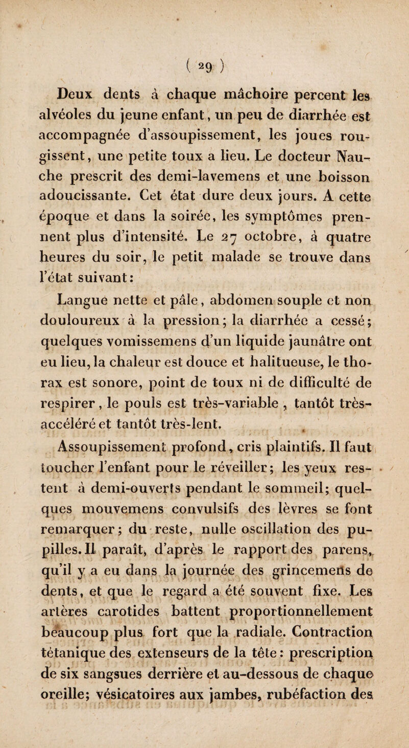 Deux dents à chaque mâchoire percent les alvéoles du jeune enfant, un peu de diarrhée est accompagnée d’assoupissement, les joues rou¬ gissent, une petite toux a lieu. Le docteur Nau- che prescrit des demi-lavemens et une boisson adoucissante. Cet état dure deux jours. A cette époque et dans la soirée, les symptômes pren¬ nent plus d’intensité. Le 27 octobre, à quatre heures du soir, le petit malade se trouve dans l’état suivant: Langue nette et pâle, abdomen souple et non douloureux à la pression; la diarrhée a cessé; quelques vomissemens d’un liquide jaunâtre ont eu lieu, la chaleur est douce et halitueuse, le tho¬ rax est sonore, point de toux ni de difficulté de respirer, le pouls est très-variable , tantôt très- accéléré et tantôt très-lent. ' ' • F \ « r s ' - * ' ( i r 3 • - Assoupissement profond, cris plaintifs. Il faut toucher l’enfant pour le réveiller; les yeux res¬ tent à demi-ouverts pendant le sommeil; quel¬ ques mouvemens convulsifs des lèvres se font remarquer; du reste, nulle oscillation des pu¬ pilles. II paraît, d’après le rapport des parens, qu’il y a eu dans la journée des grincemens de dents, et que le regard a été souvent fixe. Les artères carotides battent proportionnellement beaucoup plus fort que la radiale. Contraction tétanique des extenseurs de la tête : prescription de six sangsues derrière et au-dessous de chaque oreille; vésicatoires aux jambes, rubéfaction des