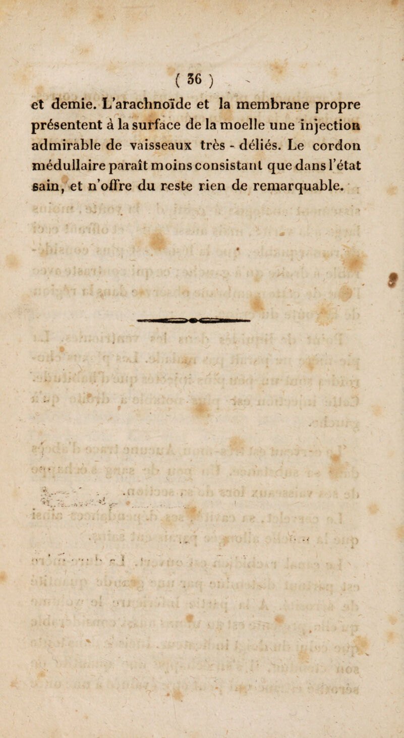 ... T y ’ „ * ,, , , et demie. L arachnoïde et la membrane propre présentent à la surface de la moelle une injection admirable de vaisseaux très - déliés. Le cordon médullaire paraît moins consistant que dans l’état gain, et n’offre du reste rien de remarquable. t I . » • n * i \ { /