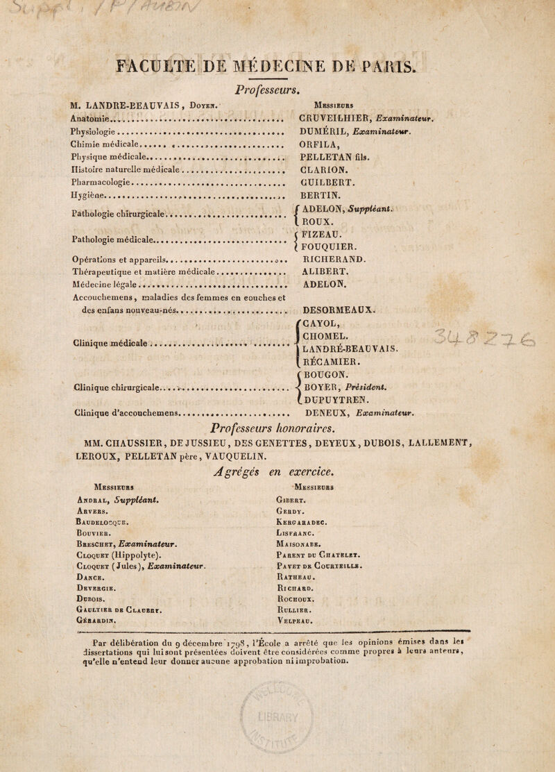 FACULTE DE MÉDECINE DE PARIS. Professeurs. M. LANDRE-EEAUVAIS, Doyen. Messieurs Anatomie..*... CRUVEILHIER, Examinateur. Physiologie.«.«. DUMÉRIL, Examinateur. Chimie médicale..... • . ORF1LA, Physique médicale... PELLETAN fils. Histoire naturelle médicale.«. CLARION. Pharmacologie. GUILBERT. Hygiène. .„... BERTIN. t) ,i f ADELON, Suppléant. Pathologie chirurgicale..... < l ROUX. Pathologie médicale... C FIZEAU. ° ( FOUQUIER. Opérations et appareils. RICHERAND. Thérapeutique et matière médicale... ALIBERT. Médecine légale... ADELON. Accouchemens, maladies des femmes en couches et des caians nouveau-nés... DESORMEAUX. 1CAYOL, CHOMEL. L ANDRÉ-BEAU VAIS. ' RÉCAMIER. C BOUGON. Clinique chirurgicale.... ;.... < BOYER, Président. (.DUPUYTREN. Clinique d’accouchemens..... DENEUX, Examinateur. Professeurs honoraires. MM. CIIAUSSIER, DE JUSSIEU, DES GENETTES, DEYEUX, DUBOIS, LALLEMENT, LEROUX, PELLETAN père, VAUQUELIN. Agrégés en exercice. Messieurs Andral, Suppléant. Akvebs. Baudelocque. Bouvieb. Breschet, Examinateur. Cloquet (Hippolyte). Cloquet (Jules), Examinateur. Dance. Devergik. Dübois. Gaultier db Claobry. Gébardin. Messieurs Gibert. Gerdy. Kergaradec. Lisfranc. Maisonabe. Parent du Châtelet. Favet de Courteillb. Ratheau. RlCnARD. Rochoux. Rullier. Velpeau. Par délibération du 9 décembre 1798, PÉcoIe a arrêté que les opinions émises dans le* dissertations qui lui sont présentées doivent être considérées comme propre* à leurs auteurs, qu'elle n’entend leur donner aucune approbation ni improbation.