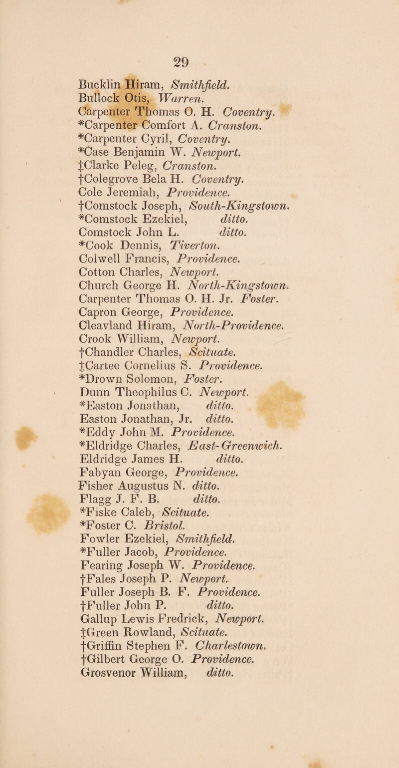 Bucklin Hiram, Smithfield. Bullock Otis, Warren. Carpenter Thomas O. H. Coventry. ^Carpenter Comfort A. Cranston. ^Carpenter Cyril, Coventry. #Case Benjamin W. Newport. JClarke Peleg, Cranston. f Colegrove Bela H. Coventry. Cole Jeremiah, Providence. fComstock Joseph, South-Kingstoim. *Comstock Ezekiel, ditto. Comstock John L. ditto. #Cook Dennis, Tiverton. Colwell Francis, Providence. Cotton Charles, Newport. Church George H. North-King stow n. Carpenter Thomas O. H. Jr. Foster. Capron George, Providence. Cleavland Hiram, North-Providence. Crook William, Newport. fChandler Charles, Scituate. JCartee Cornelius S. Providence. *Drown Solomon, Foster. Dunn Theophilus C. Newport. *Easton Jonathan, ditto. Easton Jonathan, Jr. ditto. *Eddy John M. Providence. #Eldridge Charles, East-Greenwich. Eldridge James H. ditto. Fabyan George, Providence. Fisher Augustus N. ditto. Flagg J. F. B. ditto. *Fiske Caleb, Scituate. ^Foster C. Bristol. Fowler Ezekiel, Smithfield. #Fuller Jacob, Providence. Fearing Joseph W. Providence. fFales Joseph P. Newport. Fuller Joseph B. F. Providence. fFulier John P. ditto. Gallup Lewis Fredrick, Newport. JGreen Rowland, Scituate. |Griffin Stephen F. Charlestown. {Gilbert George O. Providence. Grosvenor William, ditto.