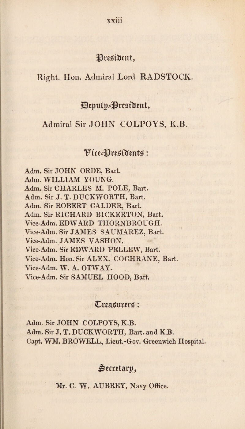 Sttgftcnt, Right. Hon. Admiral Lord RADSTOCK. Admiral Sir JOHN COLPOYS, K.B. T?u^;PmStttentS: Adm. Sir JOHN ORDE, Bart. Adm. WILLIAM YOUNG. Adm. Sir CHARLES M. POLE, Bart. Adm. Sir J. T. DUCKWORTH, Bart. Adm* Sir ROBERT CALDER, Bart. Adm. Sir RICHARD BICKERTON, Bart. Vice-Adm. EDWARD THORNBROUGH. Vice-Adm. Sir JAMES SAUMAREZ, Bart. Vice-Adm. JAMES VASHON. Vice-Adm. Sir EDWARD PELLEW, Bart. Vice-Adm. Hon. Sir ALEX. COCHRANE, Bart. Vice-Adm. W. A. OTWAY. Vice-Adm. Sir SAMUEL HOOD, Bart. Cwatfumsf: Adm. Sir JOHN COLPOYS, K.B. Adm. Sir J. T. DUCKWORTH, Bart, and K.B. Capt. WM. BROWELL, Lieut.-Gov. Greenwich Hospital. J^mttarp, Mr. C. W. AUBREY, Navy Office.