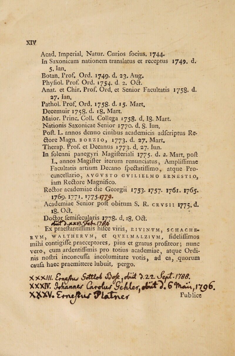 i XIV Acad. Imperial, Natur. Curios focius. 1744» In Saxonicam nationem translatus et receptus 1749* d» 5**an, Botan. Prof Ord. 3749. d. 23. Aug. Phyfiol. Prof Ord. 1754. d. 2. 061:. Anat. et Chir. Prof. Ord, et Senior Facultatis 1758» d. 27, lan, Pathol. Prof, Ord. 1758» d. 15. Mart, Decemuir 1758. d. ig* Mart. Maior. Prine. Coli. Collega 1758, d, Xg. Mart. Nationis Saxonicae Senior 1770. d. 8- Iun, Poft. L. annos denuo ciuibus academicis adferiptus Re- ftore Magn. borzio, i773. d. 27. Mart. Therap. Prof. et Decanus 1773. d. 27. Iun. In folenni panegyri Magifteriali 1775. d. 2. Mart. poft L. annos Magifter iterum renunciatus, Ampliffimae Facultatis artium Decano Ipeftatiffimo, atque Pro- cancellario, avgvsto gvilielmo esnesti o, iam Reclore Magnifico. Re&or academiae die Georgii 1753. 1757. 1761. 1765. 1769.1771.1775.17)9* Academiae Senior poft obitum S. R. crvsii 1775.d. 18. oa. Doaor femifecularis 1778. d. 18, Od. Ex praeftantiffimis hifce viris, rivinvm, schac h e- rvm, w a lthervm, et qvelmalzivm, fideliflimos mihi contigifle praeceptores, pius et gratus profiteor; nunc vero, cum ardentiftimis pro totius academiae, atque Ordi¬ nis noftri inconcufta incolumitate votis, ad ea, quorum caufa haec praemittere lubuit, pergo. X *X///. CtntJUu Srfttd .ofjnit <Szpfc‘l7$&, r» a . ^ t ^ x*xv< /