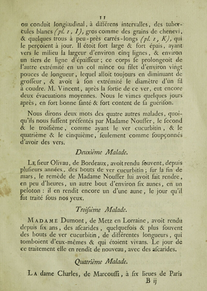 WT T ! ou conduit longitudinal, à dift'érens intervalles, des tuber¬ cules blancs (pi. i, 1), gros comme des grains de chenevi, 6c quelques trous à peu-près carrés-longs (pl. i, K), qui vers le milieu la largeur d’environ cinq lignes, 6c environ un tiers de ligne d’épaiffeur ; ce corps fe prolongeoit de l’autre extrémité en un col mince ou filet d’environ vingt pouces de longueur, lequel alloit toujours en diminuant de groffeur, 6c avoit à fon extrémité le diamètre d’un fil à coudre. M. Vincent, après la fortie de ce ver, eut encore deux évacuations moyennes. Nous le vimes quelques jours après, en fort bonne fànté 6c fort content de fa guérifon. Nous dirons deux mots des quatre autres malades, quoi¬ qu’ils nous fuffent préfentés par Madame Nouffer, le fécond 6c le troifième, comme ayant le ver cucurbitin , 6c le quatrième 6c le cinquième, feulement comme foupçonnés d’avoir des vers. Deuxième Malade. Le fieur Olivau, de Bordeaux, avoit rendu fouvent, depuis plufieurs années , des bouts de ver cucurbitin ; fur la fin de mars, le remède de Madame Nouffer lui avoit fait rendre, en peu d’heures, un autre bout d’environ fix aunes, en un peloton : il en rendit encore un d’une aune, le jour qu’il fut traité fous nos yeux. Troifième Malade. Madame Dumont, de Metz en Lorraine, avoit rendu depuis fix ans, des afearides , quelquefois 6c plus fouvent des bouts de ver cucurbitin, de différentes longueurs, qui tomboient d’eux-mêmes 6c qui étoient vivans. Le jour de ce traitement elle en rendit de nouveau, avec des afearides. Quatrième Malade. i 1 / L A dame Charles, de Marcouflî, à fix lieues de Paris B ij