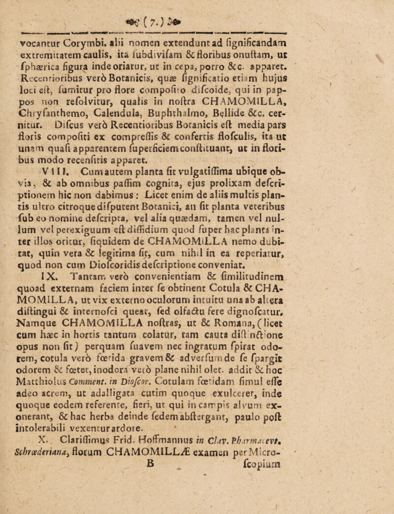 •mn»!*»- - IIH— IT inr ffff IU»*.*»-*™* {«Ata^mn^ie» vMTWMtn (p»m*inn« JMWMtfMMH# »■ «' Mf »WP»Wi» ■ «W—• 'i i mu ■» mui' vocantur Corymbi, alii nomen extenduntad fignlficandam extremitatem caulis, ita fubdivifam &c floribus onuftam, ut fphaerica figura inde oriatur, ut in cepa, porro &c. apparet. RecentioHbus verb Botanicis, qua? fignificatio etiam hujus loci eit fumitur pro flore compofco dtfcoide, qui in pap¬ pos non refolvitur, qualis In noftra CHAMOMILLA» Chryfanthemo, Calendula, Bupfuhalmo, Bqllide &c. cer¬ nitur. Chfcus vero Recentioribus Botanicis efl media pars floris compofiti ex compreffis & confertis flofculis, ita ut unam quali apparentem fuperficiemconflituant3 ut in flori¬ bus modo recenfitis apparet. VIII. Cumautem planta fit voigatiflima ubique ob¬ via. 8c ab omnibus pafiim cognita, ejus prolixam de feri- ptiortem hic non dabimus: Licet enim de aliis multis plan¬ tis ultro citroque difputent Botanici, an fit planta veteribus fub eo nomine defedpea, vel alia quaedam, tamen vel nul¬ lum vel perexiguum eft diflidium quod fbper hac planta in¬ ter illos oritur, fiquidem de CHAMOMILLA nemo dubi¬ tat, quin vera & legitima fit, cum nihil ia ea repedatur, quod non cum Diofeoridisdefcriptione conveniat, IX. Tantam vero convenientiam 5c finiilifudinem quoad externam faciem Inter fe obtinent Cotula 8c CHA¬ MOMILLA, ut vix externo oculorum intuitu una ab ali era diillngui 8c internofei queat, fed olfadu fere dignofeatur# Namque CHAMOMILLA noftras, ut & Romana,(licet cum ha?e in hortis tantum colatur, tam cauta dift niVone opus non fit) perquam fuavem nec Ingratum fpirat odo¬ rem, cotula vero foetida gravem & adverfumde fe fpsrgk odorem & foetet, inodora vecb plane nihil olet, addit &hoc Mattbiolus Comment. in Diofior, Cotulam foetidam fi mu! efle adeo acrem, ut adalligata cutim quoque exulcerer, indo quoque eodem referente, fieri, ut qui in campis alvum ex¬ onerant, & hac herba deinde fedemabfterga nt, paulo poft intolerabili vexentur ardore. X. ; Clariflimus Frid. Hoffmannus in Chv. Vlurnu, evh Schrcedemnay floram CHAMOMILLAE examen perMIcro- B ' fcopium
