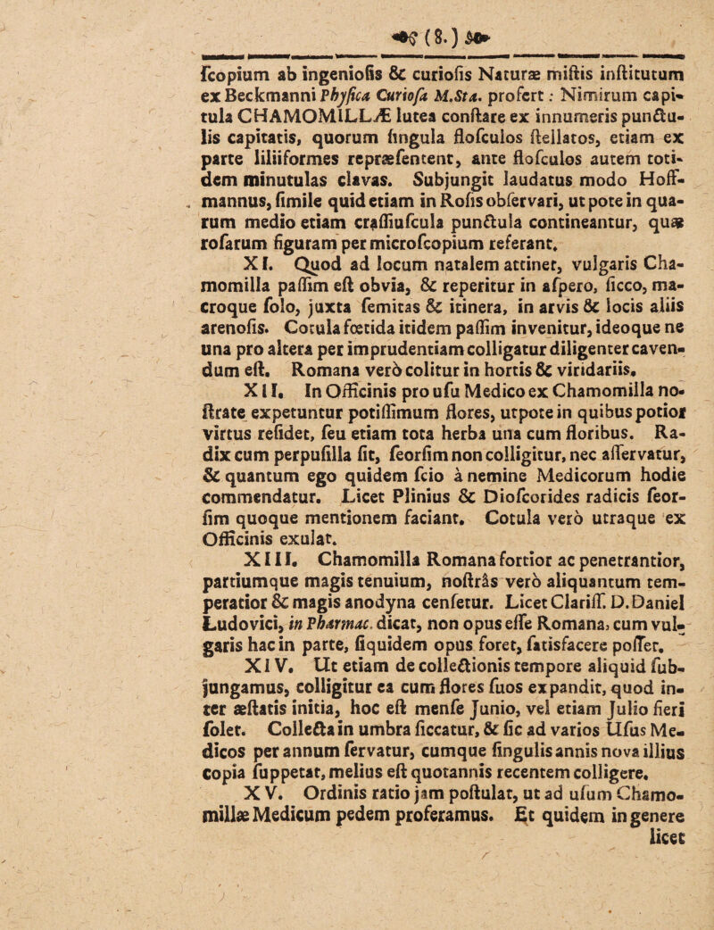 fcopium ab ingeniolis St curiofis Naturas miliis inftitutum ex Beckmanni Phyfica Curiofa M.Sta. profert; Nimirum capi» tula CHAMOMILLA lutea conftare ex innumeris pun&u- lis capitatis, quorum fingula flofeuios ftellatos, etiam ex parte liliiformes rcpragfentent, ante flofeuios autem toti* dem minutulas clavas. Subjungit laudatus modo Hoff- . mannus, (imile quid etiam in Rofis obfervari, ut pote in qua¬ rum medio etiam crafliufcula pun&uia contineantur, quas rofarum figuram per microfcopium referant. X I. Quod ad locum natalem ateiner, vulgaris Cha¬ momilla paflim eft obvia, & repetitur in afpero, liceo, ma- croque folo, juxta femitas St itinera, in arvis St locis aliis arenofis. Cotula foetida itidem paflim invenitur, ideoque ne una pro altera per imprudentiam colligatur diligenter caven¬ dum eft, Romana vero colitur in hortis St viridariis, XII, In Officinis pro ufu Medico ex Chamomilla no- ftrate expetuntur poti (limum flores, utpotein quibus potior virtus relidet, feu etiam tota herba una cum floribus. Ra¬ dix cum perpufilia fit, feorfim non colligitur, nec aflervatur, St quantum ego quidem fcio a nemine Medicorum hodie commendatur. Licet Plinius St Diofcorides radicis feor¬ fim quoque mentionem faciant. Cotula vero utraque ex Officinis exulat. XIII, Chamomilla Romana fortior ac penetrantior, partiumque magis tenuium, noftr&s vero aliquantum tem¬ peratior St magis anodyna cenfetur. Licet Clariflf. D. DanieI Ludo vici, in P hamae* dicat, non opus efle Romana, cum vul¬ garis hac in parte, fiquidem opus foret, fatisfacere pofTer. XIV, Ut etiam de coile&ionis tempore aliquid fub- fungamus, colligitur ea cum flores fuos expandit, quod in¬ ter aeftatis initia, hoc eft menfe Junio, vel etiam Julio fieri folet. Coile&a in umbra ficcatur. St fle ad varios Ufus Me¬ dicos per annum fervatur, cumque fingulis annis nova illius Copia fuppetat, melius eft quotannis recentem colligere, X V. Ordinis ratio jam poftulat, ut ad ufum Chamo¬ millas Medicum pedem proferamus. Et quidem in genere licet