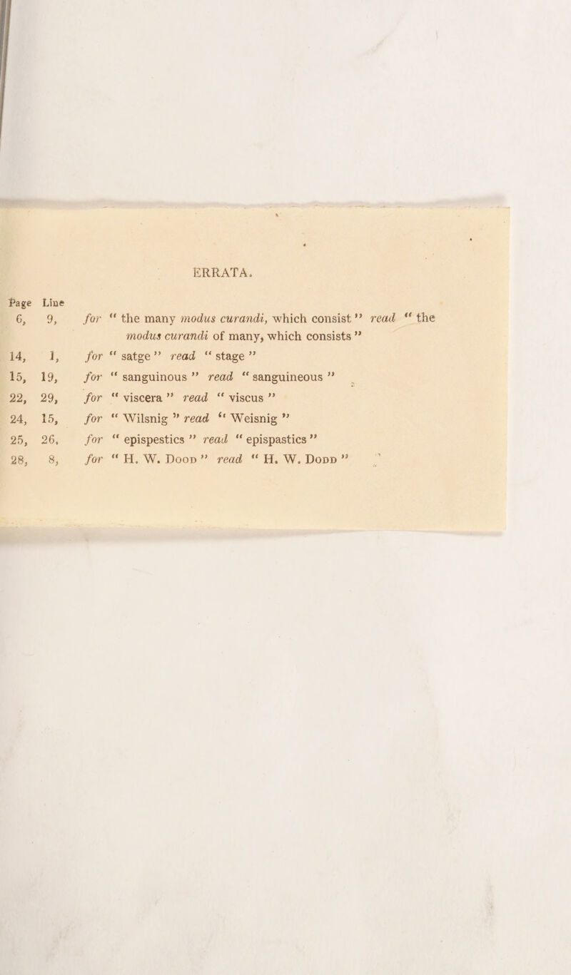 ERRATA, fage Line 6, 9, for “ the many modus curandi, which consist modus curandi of many, which consists 14, h for “ satge ” read “ stage ” 15, 19, for “ sanguinous ” read “ sanguineous ” 22, 29, for “ viscera ” read “ viscus ” 24, 15, for “ Wilsnig ” read (t Weisnig ” 25, 26, for “ epispestics ” read “ epispastics ” “ the