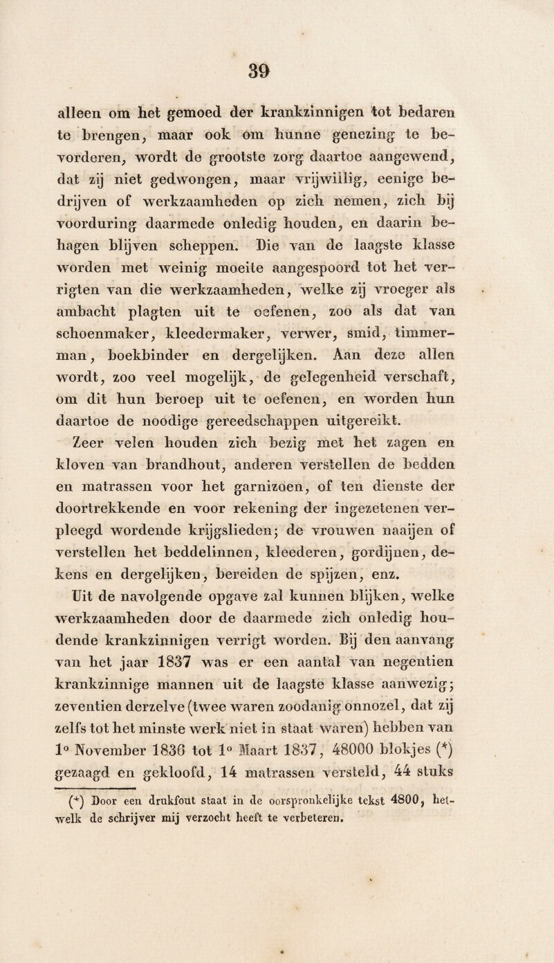 alleen om het gemoed der krankzinnigen tot bedaren te brengen, maar ook om hunne genezing te be¬ vorderen, wordt de grootste zorg daartoe aangewend, dat zij niet gedwongen, maar vrijwillig, eenige be¬ drijven of werkzaamheden op zich nemen, zich bij voorduring daarmede onledig houden, en daarin be¬ hagen blijven scheppen. Die van de laagste klasse worden met weinig moeite aangespoord tot het ver- rigten van die werkzaamheden, welke zij vroeger als ambacht plagten uit te oefenen, zoo als dat van schoenmaker, kleedermaker, verwer, smid, timmer¬ man , boekbinder en dergelijken. Aan deze allen wordt, zoo veel mogelijk, de gelegenheid verschaft, om dit hun beroep uit te oefenen, en worden hun daartoe de noodige gereedschappen uitgereikt. Zeer velen houden zich bezig met het zagen en kloven van brandhout, anderen verstellen de bedden en matrassen voor het garnizoen, of ten dienste der doortrekkende en voor rekening der ingezetenen ver¬ pleegd wordende krijgslieden; de vrouwen naaijen of verstellen het beddelinnen, kleederen, gordijnen, de¬ kens en dergelijken, bereiden de spijzen, enz. Uit de navolgende opgave zal kunnen blijken, welke werkzaamheden door de daarmede zich onledig hou¬ dende krankzinnigen verrigt worden. Bij den aan vang van het jaar 1837 was er een aantal van negentien krankzinnige mannen uit de laagste klasse aanwezig; zeventien derzelve (twee waren zoodanig onnozel, dat zij zelfs tot het minste werk niet in staat waren) hebben van 1° November 1838 tot 1° Maart 1837, 48000 blokjes (*) gezaagd en gekloofd, 14 matrassen versteld, 44 stuks (+) Door een drukfout staat in de oorspronkelijke tekst 4800, het¬ welk de schrijver mij verzocht heeft te verbeteren. *