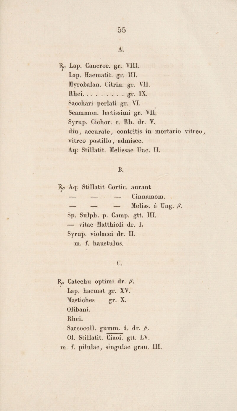 A. 1^0 Lap. Cancror. gr. VIII. Lap. Haematit. gr. III. Myrobalan. Citrin. gr. VIL Rhei.gr. IX. Sacchari perlati gr. VI. Scammon. lectissimi gr. VIL Syrup. Gichor. c. Rh. clr. V. diu, accurate, contritis in mortario vitree, vitree postiilo, admisee. Aq: Stillatit. Melissae Unc. II. B. l]c Aq: Stillatit Gortic. aurant — — — Cinnamom. __ — — Meliss. a Uiig. ft. Sp. Sulph. p. Camp. gtt. III. — vitae Matthioli dr. I. Syrup. violacei dr. II. m. f. haustulus. C. Catechu optimi dr. ft. Lap. haemat gr. XV. Mastiches gr. X. Olibani. Rhei. Sarcocoll. gumm. a. dr. ft. 01. Stillatit. Ciaoi. gtt. LV. m. f. pilulae, singulae gran. III.