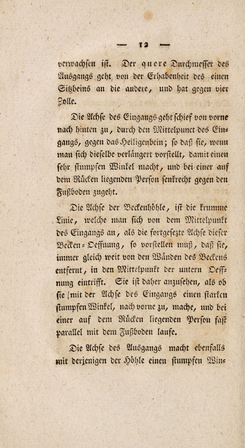 octwachfen ifr. £)er quere Suvd^mefTer beb Olubgangb geht oott ber Erhabenheit beb einen ©itjbemb an bic anbete, unb ^at gegen hier Jolle. £>ie Sldbfe beb Eingangs gehtfebief oon oonte ttad) leinten 31t, burd) ben Mittefpunct beb Eins gattgb, gegen bab ^eitigenbein; fo baß fte, wenn matt ftd? biefelbe verlängert vorjdellt, bamit einen fefyr (rümpfen ffiinfel mad)t, unb bet einet* auf bent Sunden liegenbett ^erfon fenfred>t gegen bett gttßboben 3ugel)t. £ie 2ld)fe ber SSecfettboble, ift bie krumme £tnie, mlcfye man ftd) von bem Mittelpunkt beb €ingangö an, alb bie fovtgefejte 2ld)fe btefer Leidens £effumtg, fo vorftellen muß, baß fte, immer gleich weit von bett ©dttben beb £5eccenb entfernt, in ben Mittelpunkt ber untern Oeffs ttuttg eintrifft. 0ie ijb baljer an$ufehen, alb ob fte (mit ber £ld)fe beb Eitigangb einen ftarfen Rümpfen Kinkel, nad) vorne 3«, mad)e, unb bet einer auf bent Sutcken liegenben Werfen faft parallel mit bem gußbobett laufe. £)ie 9lcb>fe beb Slubgattgb macht ebenfalls mit berjiemgen ber #M)le einen jkumpfett ©in«