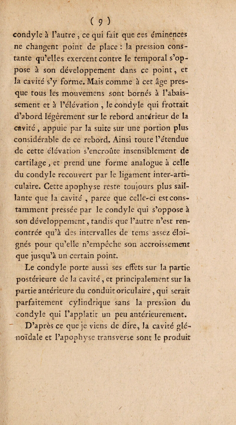 condyle à l’autre , ce qui fait que ces e'minences ne changent point de place : la pression cons¬ tante qu’elles exercent contre le temporal s’op¬ pose à son développement dans ce point, et la cavité s’y forme. Mais comme à cet âge pres¬ que tous les mouvemens sont bornés à l’abais- sement et à l’élévation , le condyle qui frottait d’abord légèrement sur le rebord antérieur de la cavité J appuie par la suite sur une portion plus considérable de ce rebord. Ainsi toute l’étendue de cette élévation s’encroûte insensiblement de cartilage > et prend une forme analogue à celle du condyle recouvert par le ligament inter-arti¬ culaire. Cette apophyse reste touiours plus sail¬ lante que la cavité , parce que celle-ci estco^hs- îamment pressée par le condyle qui s’oppose à son développement, tandis que l’autre n’est ren¬ contrée qu’à des intervalles de tems assez éloi-* gnés pour qu’elle n’empêche son accroissement que jusqu’à un certain point. Le condyle porte aussi ses effets sur la partie postérieure de la cavité, et principalement sur la partie antérieure du conduit oriculaire, qui serait parfaitement cylindrique sans la pression du condyle qui l’applatir un peu antérieurement. D’après ce que je viens de dire, la cavité glé- iioïdale et l’apophyse transverse sont le produit /