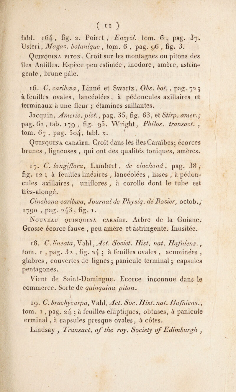 fabl. i64 ? fig* 2* Poiret., Encycl. tom. 6, pag. 87. Usteri, Magaz. botanique , loin. 6 , pag. 96 , fïg. 3. Quinquina piton. Croît sur les montagnes ou pitons des îles Antilles. Espèce peu estimée, inodore, amère, astrin¬ gente , brune pâle. 16. C. caribæa, Linné et Swartz , Ohs. bot., pag. 72 ; à feuilles ovales, lancéolées, à pédoncules axillaires et terminaux à une fleur ; étamines saillantes. Jacquin, Americ. pict., pag. 35, fig. 63, et Stirp. amer.] pag. 61 , tab. 179 , fig. 95. Wright, Philos, transact. , tom. 67 , pag. 5o4, tabl. x. Quinquina caraïbe. Croît dans les îles Caraïbes; écorces brunes , ligneuses , qui ont des qualités toniques, amères. 17. C. longiflora, Lambert, de cinchonâ, pag. 38 ; fïg. 12 ; à feuilles linéaires , lancéolées , lisses , à pédon¬ cules axillaires , uniflores , à corolle dont le tube est très-alongé. Cinchonâ caribæa, Journal de Physiq. de Rozier, octob.7 V9° » Pag* *43 , fig. 1. Nouveau quinquina caraïbe. Arbre de la Guiane. Grosse écorce fauve , peu amère et astringente. Inusitée. 18. C. lineata,Vahl, Act. Societ. IJist. nat. Hafniens., tom. 1 , pag. 3a , fïg. 2^ ; à feuilles ovales , acuminées , glabres , couvertes de lignes ; panicule terminal ; capsules pentagones. Vient de Saint-Domingue. Ecorce inconnue dans le commerce. Sorte de quinquina piton. I 19. C. brachycarpa, Vahl, Act. Soc. Hist. nat. Hafniens., tom. 1 , pag. 24 5 a feuilles elliptiques, obtuses, à panicule erminal , à capsules presque ovales, à côtes. Lindsay , Transact. of the roy. Society qf Edimburgh ,
