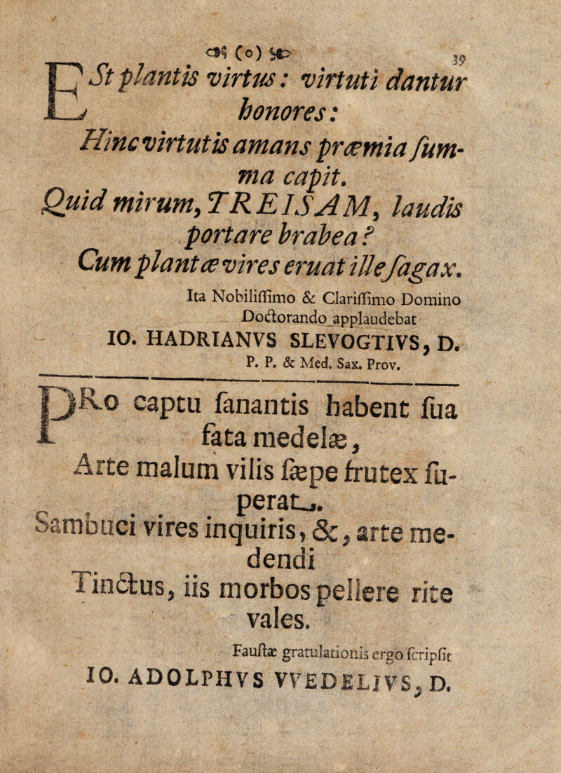 0*5 (o) St -plantis virtus: virtuti dantur honores: Hmc virtutis amans praemia fum- ma capit. Quid mirum,TREISAM, laudis Ita Nobiliffimo & Clariffimo Domino Do&orando applaudebat - IO. HADRIANVS SLEVOGTIVS * D. P. P. & Med. Sax. Prov. .. »—i i ■■ ■— ■ ■— JJRo captu fanantis habent fua - ^ fata medela. Arte malum vilis fepe frutex fu- , . . - perata, bamuuci vires inquiris, arte me¬ dendi Tiedus, iis morbos pellere rite vales. Faufta: gratulationis ergo fcripfit IO. ADOLPHVS VVJEDELIVS, D. portare brabea? Cum piant ce vires eruat iUefagax