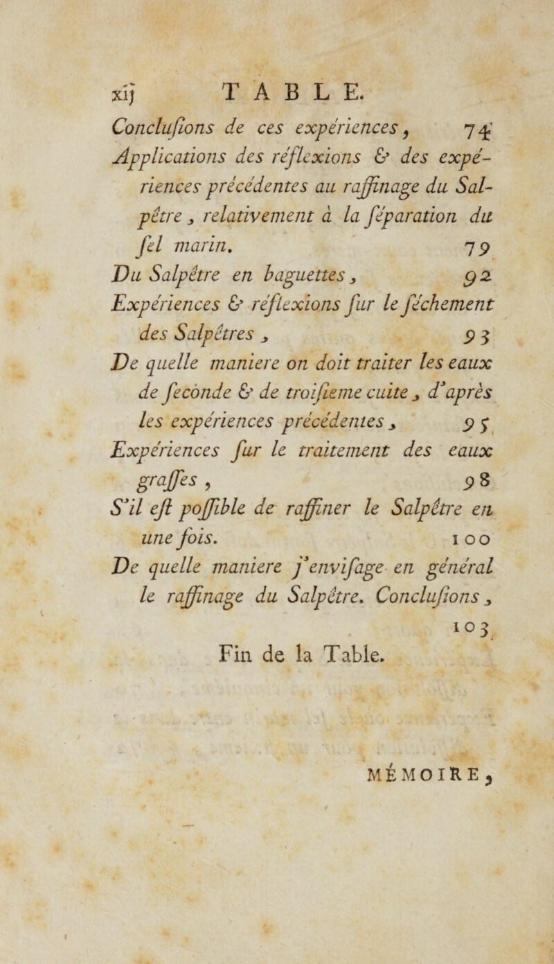 Conclufions de ces expériences, 74 Applications des réflexions & des expé¬ riences précédentes an raffinage du Sal¬ pêtre , relativement à la féparation du fel marin. 79 Du Salpêtre en baguettes, gz Expériences & réflexions fur le féchement des Salpêtres , 9 3 De quelle maniéré on doit traiter les eaux de fécondé & de troifieme cuite , d'après les expériences précédentes , 9 j* Expériences fur le traitement des eaux graffes , 9 8 S'il ejl poffible de raffiner le Salpêtre en une fois. 100 De quelle maniéré fenvifage en général le raffinage du Salpêtre. Conclufions, 103 Fin de la Table. MÉMOIRE /