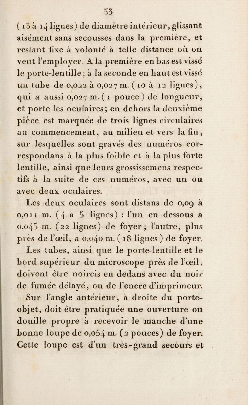 ( i5 à 14 lignes) de diamètre intérieur, glissant aisément sans secousses dans la première, et restant fixe à volonté à teiîe distance où on veut remployer. A la première en bas est vissé le porte-lentille; à la seconde en liaut est vissé un tube de 0,022 à 0,027 ni. ( 10 à 12 lignes), qui a aussi 0,027 m* ( 1 pouce ) de longueur, et porte les oculaires; en dehors la deuxième pièce est marquée de trois lignes circulaires au commencement, au milieu et vers la fin, sur lesquelles sont gravés des numéros cor- respondans à la plus foible et à la plus forte lentille, ainsi que leurs grossissemens respec¬ tifs a la suite de ces numéros, avec un ou avec deux oculaires. Les deux oculaires sont distans de 0,09 à 0,011 m. (4 à 5 lignes) : l’un en dessous a 0,045 m. (22 lignes) de foyer; l’autre, plus près de l’œil, a 0,040 m. ( 18 lignes ) de foyer. Les tubes, ainsi que le porte-lentille et le bord supérieur du microscope près de l’œil, doivent être noircis en dedans avec du noir de fumée délayé, ou de l’encre d’imprimeur. Sur l’angle antérieur, a droite du porte- objet, doit être pratiquée une ouverture ou douille propre à recevoir le manche d’une bonne loupe de o,o54 m. (2 pouces) de foyer. Cette loupe est d’un très-grand secours et