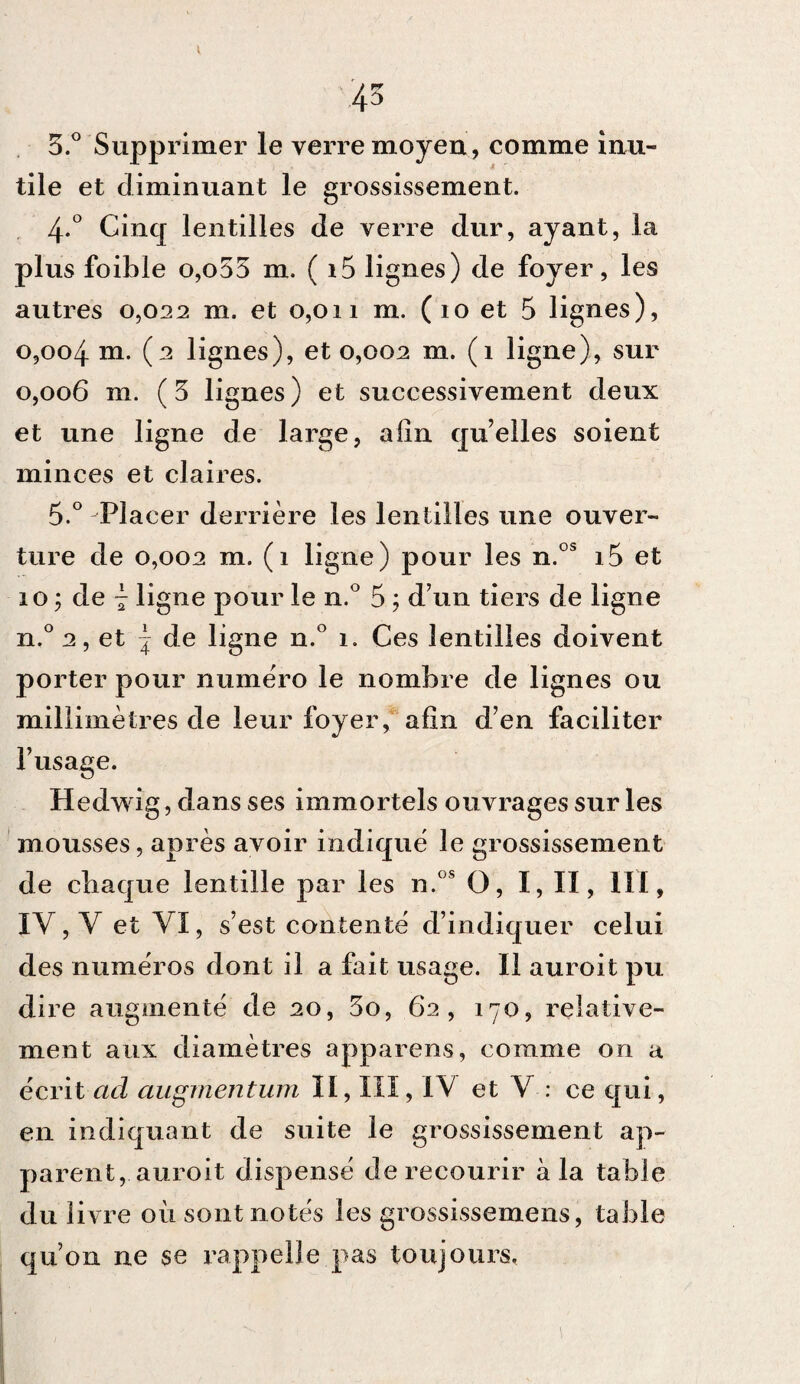 5.° Supprimer le verre moyeu, comme inu- tile et diminuant le grossissement. 4*° Cinc[ lentilles de verre dur, ayant, la plus foible o,o55 m. ( i5 lignes) de foyer, les autres 0,022 m. et 0,011 m. (10 et 5 lignes), 0,004 m. (2 lignes), et 0,002 m. (1 ligne), sur 0,006 m. (5 lignes) et successivement deux et une ligne de large, afin qu’elles soient minces et claires. 5.° Placer derrière les lentilles une ouver¬ ture de 0,002 m. (1 ligne) pour les n.os i5 et 10 ; de 4 ligne pour le n.° 5 ; d’un tiers de ligne n.° 2, et 4 de ligne n.° 1. Ces lentilles doivent porter pour numéro le nombre de lignes ou millimètres de leur foyer, afin d’en faciliter l’usage. Hedwig, dans ses immortels ouvrages sur les mousses, après avoir indiqué le grossissement de chaque lentille par les n.os O, I, II, III, IV, Y et YI, s’est contenté d’indiquer celui des numéros dont il a fait usage. Il auroit pu dire augmenté de 20, 3o, 62, 170, relative¬ ment aux diamètres apparens, comme on a écrit ad augmentum II, III, IV et V : ce qui, en indiquant de suite le grossissement ap¬ parent, auroit dispensé de recourir à la table du livre où sont notés les grossissemens, table qu’on ne se rappelle pas toujours.