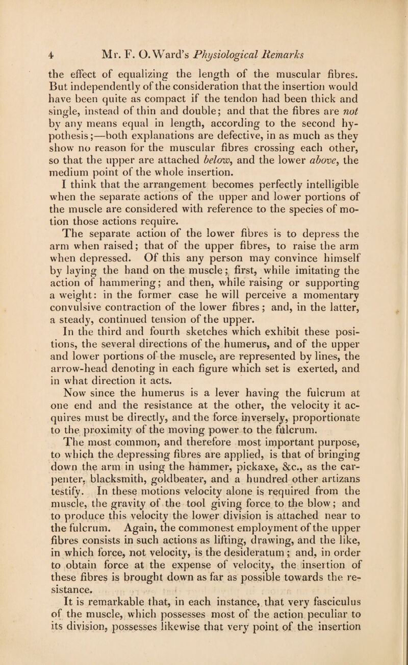 the effect of equalizing the length of the muscular fibres. But independently of the consideration that the insertion would have been quite as compact if the tendon had been thick and single, instead of thin and double; and that the fibres are not by any means equal in length, according to the second hy¬ pothesis ;—both explanations are defective, in as much as they show no reason for the muscular fibres crossing each other, so that the upper are attached below, and the lower above, the medium point of the whole insertion. I think that the arrangement becomes perfectly intelligible when the separate actions of the upper and lower portions of the muscle are considered with reference to the species of mo¬ tion those actions require. The separate action of the lower fibres is to depress the arm when raised; that of the upper fibres, to raise the arm when depressed. Of this any person may convince himself by laying the hand on the muscle; first, while imitating the action of hammering; and then, while raising or supporting a weight: in the former case he will perceive a momentary convulsive contraction of the lower fibres; and, in the latter, a steady, continued tension of the upper. In the third and fourth sketches which exhibit these posi¬ tions, the several directions of the humerus, and of the upper and lower portions of the muscle, are represented by lines, the arrow-head denoting in each figure which set is exerted, and in what direction it acts. Now since the humerus is a lever having the fulcrum at one end and the resistance at the other, the velocity it ac¬ quires must be directly, and the force inversely, proportionate to the proximity of the moving power to the fidcrum. The most common, and therefore most important purpose, to which the depressing fibres are applied, is that of bringing down the arm in using the hammer, pickaxe, &c., as the car¬ penter, blacksmith, goldbeater, and a hundred other artizans testify. In these motions velocity alone is required from the muscle, the gravity of the tool giving force to the blow; and to produce this velocity the lower division is attached near to the fulcrum. Again, the commonest employment of the upper fibres consists in such actions as lifting, drawing, and the like, in which force, not velocity, is the desideratum ; and, in order to obtain force at the expense of velocity, the insertion of these fibres is brought down as far as possible towards the re¬ sistance. It is remarkable that, in each instance, that very fasciculus of the muscle, which possesses most of the action peculiar to its division, possesses likewise that very point of the insertion