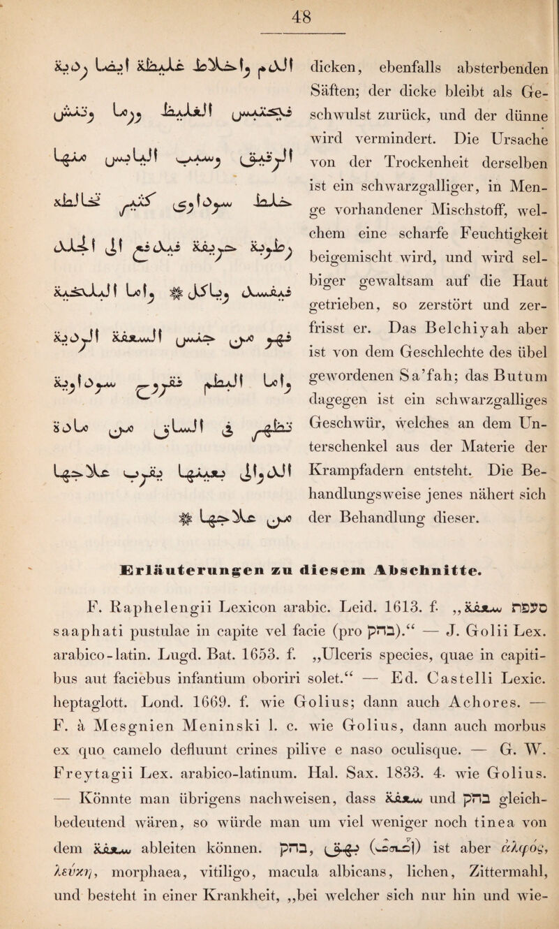 iüOs LojI äiajd..£ j*jdf JaxTidf UJI \f Alil JJ (X/J Xäj^ä- Ra^vJwaJ! 1x4^ ^ JAL^ iX^jJif.3 XJ OjJ! XÄÄ.wJf (J^Ä^ ^yX> yj^i &fy I O yMJ ^*ySLZ ^Jä-aJ I Ix» L SO bo ^yo ^jLJt 3 ^JäJ l§=»iU <_yu U-U*J J,t,tXM ^ Ih§ä». dicken, ebenfalls absterbenden Säften; der dicke bleibt als Ge¬ schwulst zurück, und der dünne wird vermindert. Die Ursache von der Trockenheit derselben ist ein schwmrzgalliger, in Men¬ ge vorhandener Mischstoff, wel¬ chem eine scharfe Feuchtigkeit o beigemischt wird, und wird sel¬ biger gewaltsam auf die Haut getrieben, so zerstört und zer¬ frisst er. Das Belchiyah aber ist von dem Geschlechte des übel gewordenen S a ’ fa h; das B u t u m dagegen ist ein schwarzgalliges Geschwür, welches an dem Un¬ terschenkel aus der Materie der Krampfadern entsteht. Die Be¬ handlungsweise jenes nähert sich der Behandlung dieser. Erläuterungen zu diesem Abschnitte. F. Raphelengii Lexicon arabic. Leid. 1613. f „xjüuu/ saaphati pustulae in capite vel facie (pro p<“Q).u — J. Golii Lex. arabico-latin. Lugd. Bat. 1653. f. „Uleeris species, quae in capiti- bus aut faciebus infantium oboriri solet.“ — Ed. Castelli Lexic. heptaglott. Lond. 1669. f. wie Golius; dann auch Achores. — F. ä Mesgnien Meninski 1. c. wie Golius, dann auch morbus ex quo camelo defluunt crines pilive e naso oculisque. — G. W. Freytagii Lex. arabico-latinum. Hai. Sax. 1833. 4. wie Golius. — Könnte man übrigens nachweisen, dass xäjuv und pTD gleich¬ bedeutend wären, so würde man um viel weniger noch tinea von dem ableiten können, pru, (^ovaj) ist aber ccXcpog, '/isvxrj, morphaea, vitiligo, macula albicans, liehen, Zittermahl, und besteht in einer Krankheit, „bei welcher sich nur hin und wie-