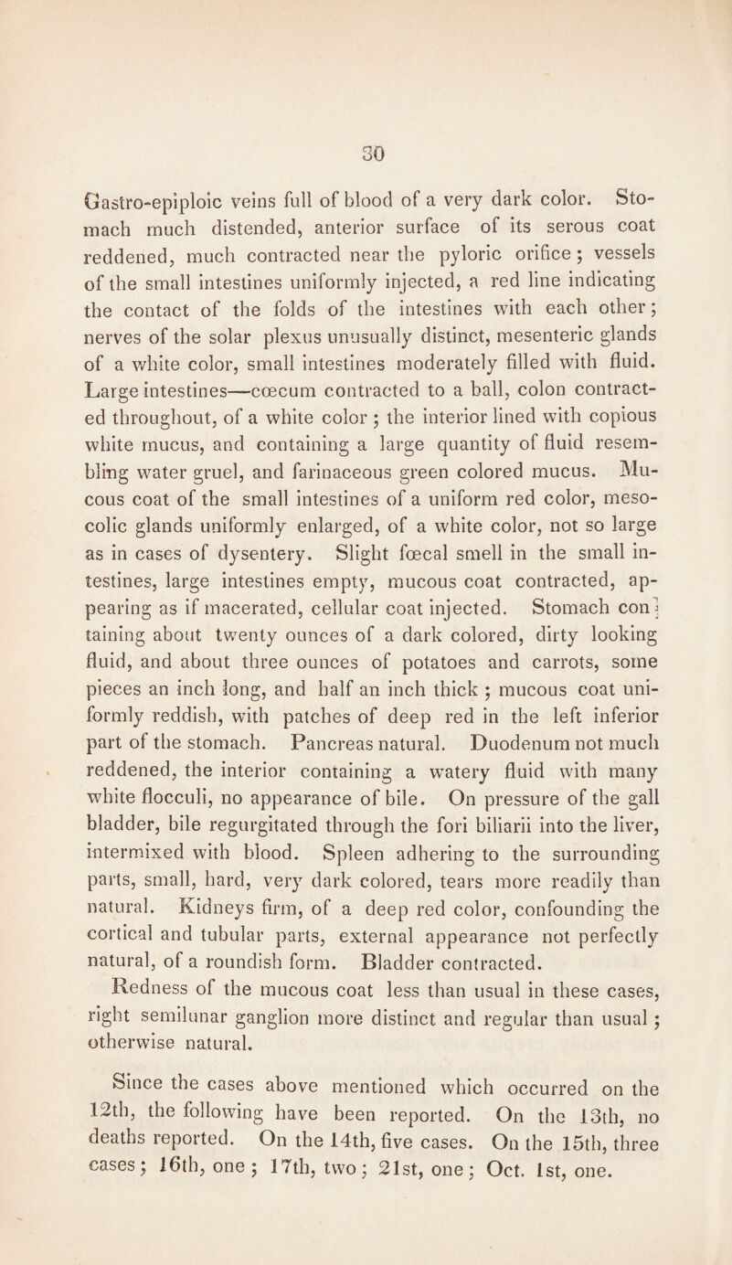 Gastroepiploic veins full of blood of a very dark color. Sto¬ mach much distended, anterior surface of its serous coat reddened, much contracted near the pyloric orifice; vessels of the small intestines uniformly injected, a red line indicating the contact of the folds of the intestines with each other; nerves of the solar plexus unusually distinct, mesenteric glands of a white color, small intestines moderately filled with fluid. Large intestines—coecum contracted to a ball, colon contract¬ ed throughout, of a white color ; the interior lined with copious white mucus, and containing a large quantity of fluid resem¬ bling water gruel, and farinaceous green colored mucus. Mu¬ cous coat of the small intestines of a uniform red color, meso- colic glands uniformly enlarged, of a white color, not so large as in cases of dysentery. Slight fcecal smell in the small in¬ testines, large intestines empty, mucous coat contracted, ap¬ pearing as if macerated, cellular coat injected. Stomach con] taining about twenty ounces of a dark colored, dirty looking fluid, and about three ounces of potatoes and carrots, some pieces an inch long, and half an inch thick ; mucous coat uni¬ formly reddish, with patches of deep red in the left inferior part of the stomach. Pancreas natural. Duodenum not much reddened, the interior containing a watery fluid with many white flocculi, no appearance of bile. On pressure of the gall bladder, bile regurgitated through the fori biliarii into the liver, intermixed with blood. Spleen adhering to the surrounding parts, small, hard, very dark colored, tears more readily than natural. Kidneys firm, of a deep red color, confounding the cortical and tubular parts, external appearance not perfectly natural, of a roundish form. Bladder contracted. Redness of the mucous coat less than usual in these cases, right semilunar ganglion more distinct and regular than usual ; otherwise natural. Since the cases above mentioned which occurred on the 12th, the following have been reported. On the 13th, no deaths reported. On the 14th, five cases. On the 15th, three cases ; 16th, one ; 17th, two; 21st, one; Oct. 1st, one.