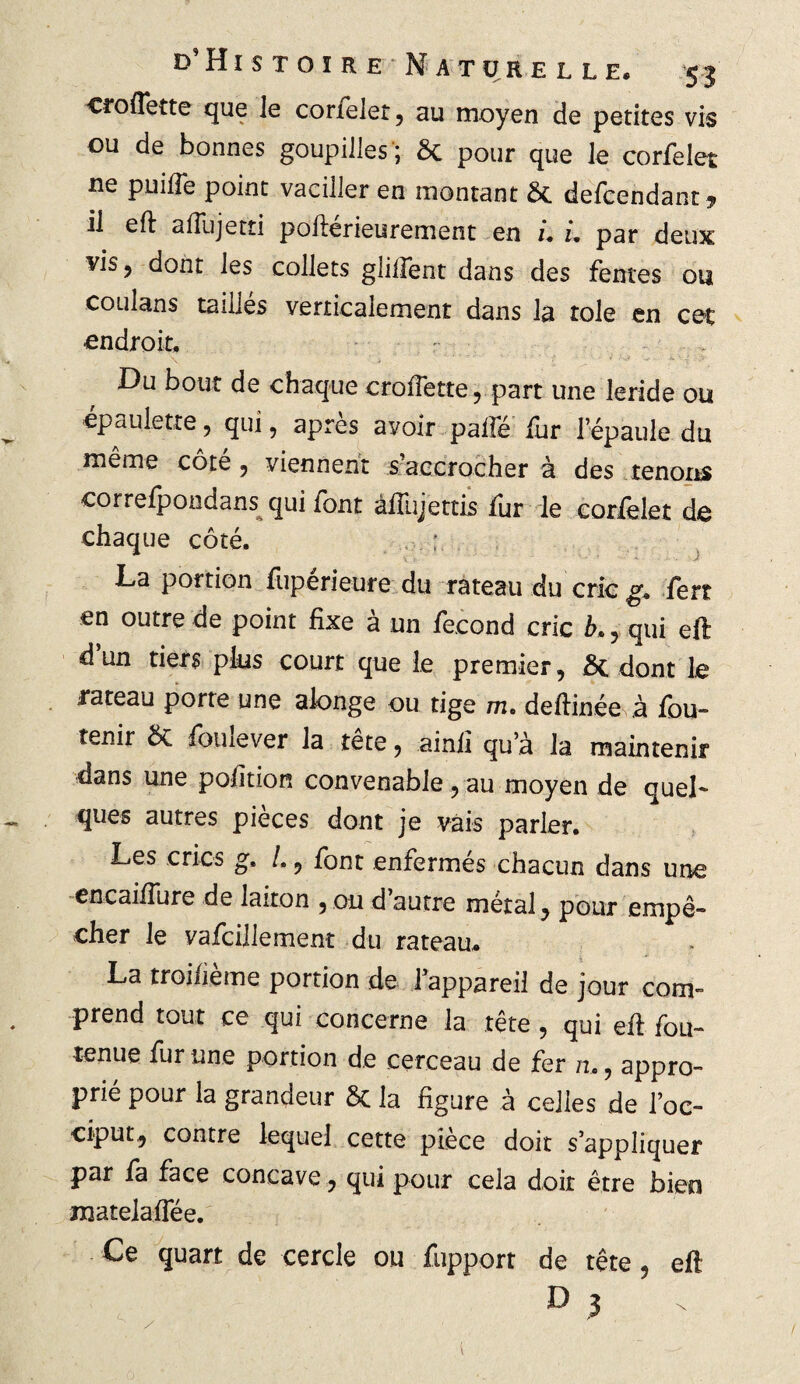 crofleîte que le corfelet, au moyen de petites vis ou de bonnes goupilles’; & pour que le corfelet ne puiffe point vaciller en montant &. defcendant ? il eft affujetti poilérieurement en L u par deux vis, dont les collets glilFent dans des fentes ou coLiîans taillés verticalement dans la tôle en cet endroit. Du bout de chaque croffette, part une leride ou épaulette, qui, apres avoir pâlie fur l’épaule du même cote, viennent s accrocher à des tenons correfpondans^ qui font âiîujettis fur le corfelet de chaque côté. La portion fuperieure du rateau du cric g. fert en outre de point fixe à un fécond cric L, qui eft d’un tiers plus court que le premier, & dont le mateau porte une alonge ou tige m» defiinée à fou- tenir 8c fomever la tête, ainli qu’à la maintenir dans une position convenable , au moyen de quel* ques autres pièces dont je vais parler. Les crics g, L, lont enfermés chacun dans une encaifiure de laiton ,ou d’autre métal, pour empê¬ cher le vafcillement du rateau. La troifième portion de l’appareil de jour com¬ prend tout ce qui concerne la tête , qui eft fou- tenue fur une portion de cerceau de fer n., appro¬ prié pour la grandeur $C la figure à celles de l’oc¬ ciput, contre lequel cette pîece doit s’appliquer par fa face concave, qui pour cela doit être bien matelafiee. Ce quart de cercle ou fupporr de tête, ei!