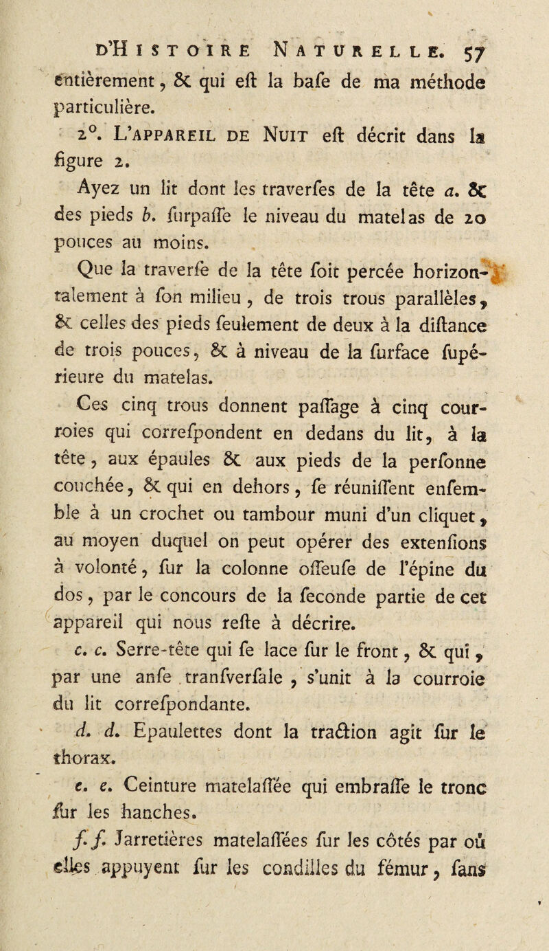 entièrement , 5c qui eft la bafe de ma méthode particulière. 20. L’appareil de Nuit eft décrit dans la figure 2. Ayez un lit dont les traverfes de la tête a. 5c des pieds b. furpafîe le niveau du matelas de 20 pouces au moins. Que la traverfe de la tête foit percée horizon¬ talement à fon milieu, de trois trous parallèles, 5c celles des pieds feulement de deux à la diftance de trois pouces, 5c à niveau de la furface fupé- rieure du matelas. Ces cinq trous donnent paftage à cinq cour¬ roies qui correfpondent en dedans du lit, à la tête, aux épaules 5c aux pieds de la perfonne couchée, 5c qui en dehors, fe réunifient enfem- ble à un crochet ou tambour muni d’un cliquet, au moyen duquel on peut opérer des extenfions à volonté, fur la colonne ofieufe de l’épine du dos, par le concours de la fécondé partie de cet appareil qui nous refte à décrire. c. c. Serre-tête qui fe lace fur le front, 5c qui , par une anfe . tranfverfale , s’unit à la courroie du lit correfpondante. à. L Epaulettes dont la traâion agit fur le thorax. c. e. Ceinture matelafiee qui embrafie le tronc fur les hanches. /./. Jarretières matelafiees fur les côtés par ou elles appuyent fur les conduites du fémur, fans