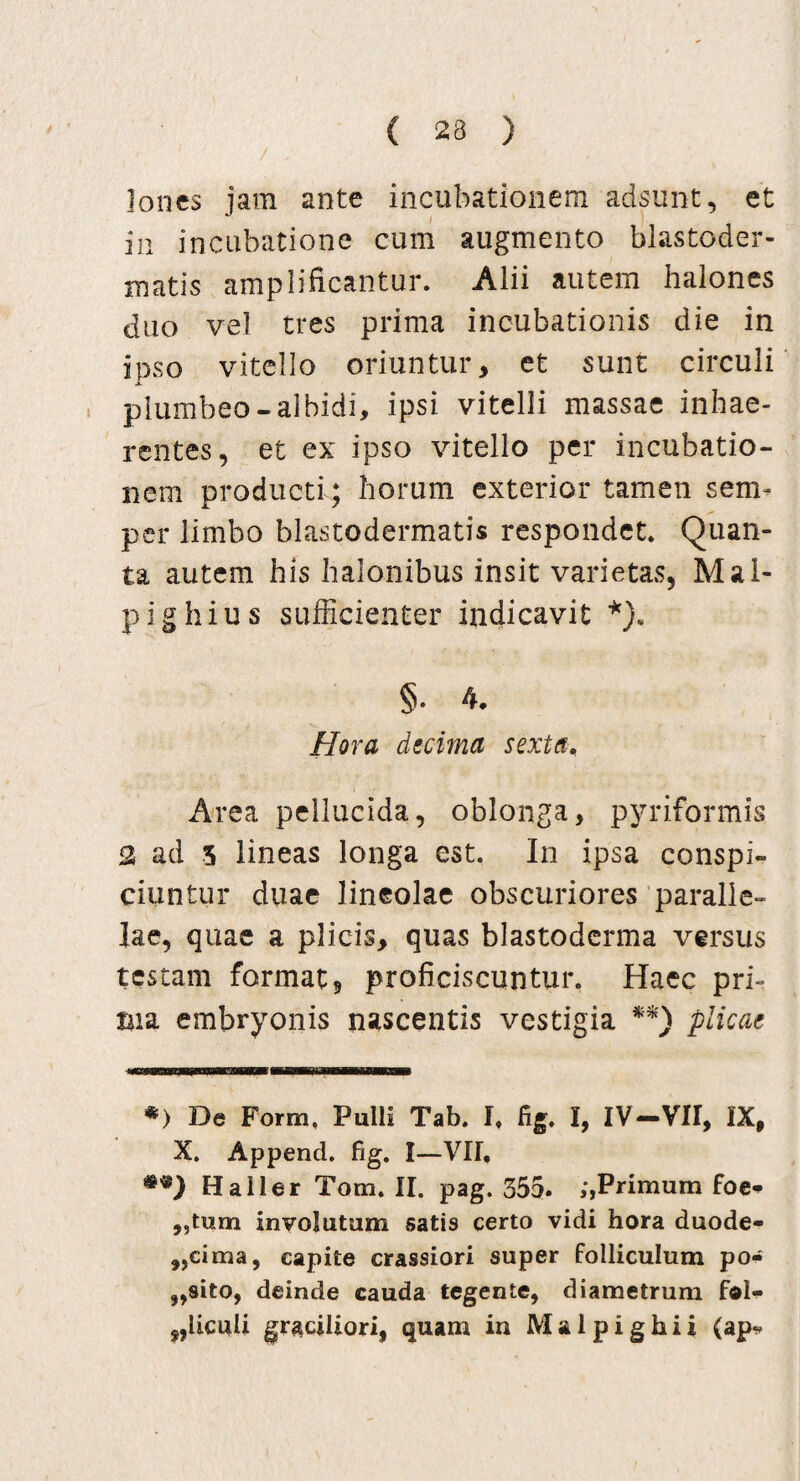 ( 23 ) Iones jam ante incubationem adsunt, et ia incubatione cum augmento blastoder- matis amplificantur. Alii autem halones cluo vel tres prima incubationis die in ipso vitello oriuntur, et sunt circuli plumbeo-albidi, ipsi vitelli massae inhae¬ rentes, et ex ipso vitello per incubatio¬ nem producti ; horum exterior tamen serm per limbo blastodermatis respondet. Quan¬ ta autem his halonibus insit varietas, Mal- pighius sufficienter indicavit *). §• 4. Hora decima sexta, Area pellucida, oblonga, pyriformis 2 ad 3 lineas longa est. In ipsa conspi¬ ciuntur duae lineolae obscuriores paralle¬ lae, quae a plicis, quas blastodcrma versus testam format, proficiscuntur. Haec pri- tua embryonis nascentis vestigia **) plicae *) De Form, Pulli Tab. I, fig. I, IV-VII, IX, X. Append. fig. I—VII, Ha 11 er Tora, II. pag. 355. Primum foe* ,,tum involutum satis certo vidi hora duode¬ cima, capite crassiori super folliculum po- ,,sito, deinde cauda tegente, diametrum fol¬ liculi graciliori, quam in Malpighii (ap-