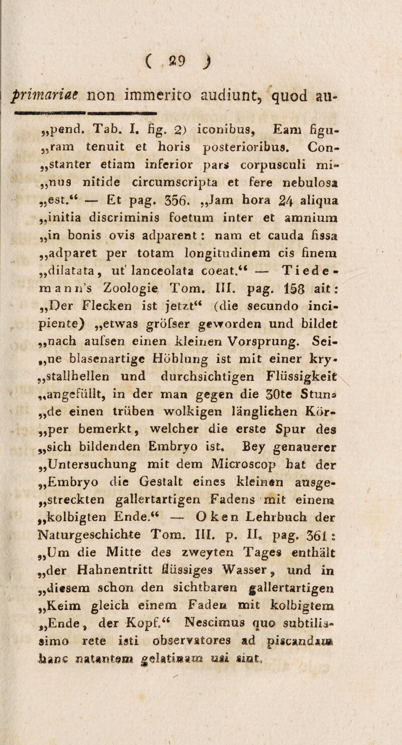 0,89 ) i primariae non immerito audiunt, quod au* 5,pend. Tab. I. fig. 2) iconibus, Eam figu- 5,ram tenuit et horis posterioribus. Con¬ stanter etiam inferior pars corpusculi mi» „nu9 nitide circumscripta et fere nebulosa ,?est.“ — Et pag. 356. ,,Jam hora 24 aliqua „initia discriminis foetum inter et amnium „in bonis ovis adparent: nam et cauda fissa ,,adparet per totam longitudinem cis finem „diiatata, ut lanceolata coeat.“ — Tiede- manrfis Zoologie Tom. III. pag. 158 ait: „Der Flecken ist jetzt“ (die secundo inci¬ piente) ,,etwas grofser gevvorden und bildet ,,nach aufsen einen kleinen Vorsprung. Sei- „ne blasenartige Hoblung ist mit einer kry- ,,staI3bellen und durchsichtigen Fliissigkeit „angefullt, in der rnan gegen die 30te Stuns „de einen triiben wolkigen langlichen Kor- „per bemerkt, welcher die erste Spur des „sich bildenden Embryo ist» Bey genauerer ,,Untersuchung mit dem Microscop hat der „£mbryo die Gestalt eines kleinen ausge- „streckten gallertartigen Fadens mit e in era „kolbigten Ende.“ — Oken Lehrbuch der Naturgeschichte Tom. III. p. II» pag, 361: „Ura die Mitte de3 zweyten Tages enthalt 5,der Hahnentritt fiiissiges Wasser, und in „diesem schon den sichtbaren gallertartigen ,,Keim gleich eraem Faden mit kolbigtem 9?Ende, der Kopfi46 Nescimus quo subtilis¬ simo rete isti observatores ad piscandam hanc natantem gelatinam usi sint.