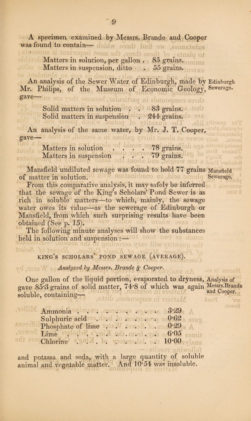 A specimen examined by Messrs. Brande andj Cooper was found to contain— ^ Matters in solution, per gallon . 85 grains. Matters in suspension, ditto , 55 grains. An analysis of tbe Sewer Water of Edinburgh^ made by Edinburgh Mr. Philips, of the Museum of Economic Geology, Sewerage, gave— ° -XnG-. Solid matters in solution ? » ^^83 grains. -t Solid matters in suspension* . S44 grains. p' An analysis of the same water,, by Mr. J. T. Cooper, gave— '! Matters in solution ... .78 grains. Matters in suspension ... 79 grains. Mansfield undiluted sewage was found to hold 77 grains Mansfield of matter in solution. ^ ^ q Sewerage. From this comparative analysis, it may safely be inferred that the sewage of the King’s Scholars’Pond Sewer is as rich in soluble matters—to which, mainly, the sewage water owes its value—as the sewerage of Edinburgh or Mansfield, from which such surprising results have been obtained (See p. 15). “ ' The following minute analyses will show the substances held in solution and suspension :— king’s scholars’ pond ^sewage (average). Analyzed hy Messrs. Brande Cooper. One gallon of the liquid portion, evaporated to dryness. Analysis of gave 85*3 grains of solid matter, 74*8 of which was again Messrs.Brande soluble, containing— ^ ^ Ammonia . . . . . 3’29g Sulphuric acid ... 0*62,9^, o Phosphate of lime ...... 0*29 g Lime . . . . . ..... 6*05 Chlorine ... *.10*00 and potassa and soda, with a large quantity of soluble animal and vegetable matter.' And 10*54 was insoluble.