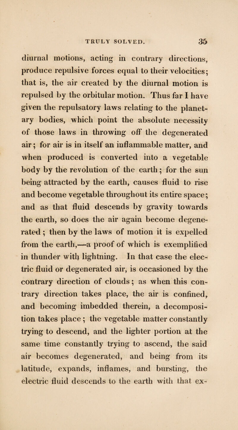 diurnal motions, acting in contrary directions, produce repulsive forces equal to their velocities; that is, the air created by the diurnal motion is repulsed by the orbitular motion. Thus far I have given the repulsatory laws relating to the planet¬ ary bodies, which point the absolute necessity of those laws in throwing olf the degenerated air; for air is in itself an inflammable matter, and when produced is converted into a vegetable body by the revolution of the earth; for the sun being attracted by the earth, causes fluid to rise and become vegetable throughout its entire space; and as that fluid descends by gravity towards the earth, so does the air again become degene¬ rated ; then by the laws of motion it is expelled from the earth,—a proof of which is exemplified in thunder with lightning. In that case the elec¬ tric fluid or degenerated air, is occasioned by the contrary direction of clouds; as when this con¬ trary direction takes place, the air is confined, and becoming imbedded therein, a decomposi¬ tion takes place ; the vegetable matter constantly trying to descend, and the lighter portion at the same time constantly trying to ascend, the said air becomes degenerated, and being from its latitude, expands, inflames, and bursting, the electric fluid descends to the earth with that ex-