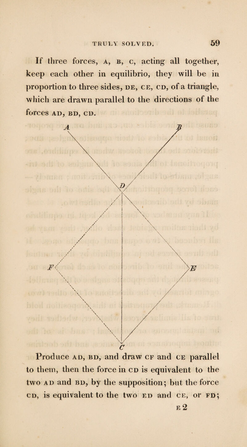 If three forces, a, b, c, acting all together, keep each other in equilibrio, they will be in proportion to three sides, de, ce, cd, of a triangle, which are drawn parallel to the directions of the forces AD, BD, CD. to them, then the force in cd is equivalent to the two AD and bd, by the supposition; but the force CD, is equivalent to the two ed and ce, or fd; e2