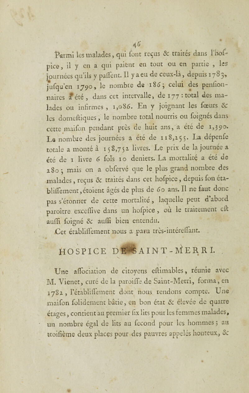 V-avmi les malades, qui font reçus Ôc traités dans Thof- pice, il y en a qui paient en tout ou en partie , les journées qu’ils y pailent. Il y a eu de ceux-là, depuis 1783^ jufqu’en 1790 > le nombie de 18^^ celui des penlion- naircs ài été , dans cet intervalle, de 177 : total des ma¬ lades ou infirmes , 1,0^6. En y joignant les fœurs ôc les domeftiques , le nombre total nourris ou foignés dans cette maifon pendant pies de liuit ans, a été de i5^9*^* Le nombre des journées a été de 118,155. La dépenfe totale a monté à 158,751 livres. Le prix de la journée a été de I livre 6 fols 10 deniers. La mortalité a été de 280; mais on a obfervé que le plus grand nombre des malades, reçus & traités dans cet hofpice, depuis fon éta- blifrement,étoient âgés de plus de 60 ans. Il ne faut donc pas s’étonner de cette mortalité, laquelle peut d’abord paroître exceflive dans un holpice , où le traitement efl aufli foi^né & aufîi bien entendu. •Cet établifTement nous a paru trés-intérefTant. » HOSPICE DE'^AINT-IviERRL , •s. • Une afiociation de citoyens eflimables, réunie avec M. Vienet, curé de la pauoiffe de Saint-Merri, forma, en 1781, rétablifî'ement dont nous rendons compte. Une maifon folidernent bâtie, en bon état & élevée de quatre étages, contient au premier fix lits pour les femmes malades, un nombre égal de lits au fécond pour les hommes j au troifième deux places pour des pauvres appelés honteux., de