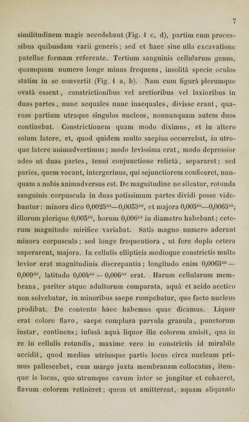 similitudinem magis accedebant (Fig. 4 c, d), partim cum proces¬ sibus quibusdam varii generis ; sed et haec sine ulla excavatione patellae formam referente. Tertium sanguinis cellularum genus, quamquam numero longe minus frequens, insolita specie oculos statim in se convertit (Fig. 1 a, b). Nam cum figura plerumque ovata essent, constrictionibus vel arctioribus vel laxioribus in duas partes, nunc aequales nunc inaequales, divisae erant, qua¬ rum partium utraque singulos nucleos, nonnunquam autem duos continebat. Constrictionem quam modo diximus, et in altero solum latere, et, quod quidem multo saepius occurrebat, in utro¬ que latere animadvertimus; modo levissima erat, modo depressior adeo ut duas partes, tenui conjunctione relicta, separaret; sed paries, quem vocant, intergerinus, qui sejunctiorem conficeret, nun¬ quam a nobis animadversus est. De magnitudine ne sileatur, rotunda sanguinis corpuscula in duas potissimum partes dividi posse vide¬ bantur : minora dico 0,0025'—0,0055', et majora 0,005'—0,0065'; illorum plerique 0,005', horum 0,006' in diametro habebant; cete¬ rum magnitudo mirifice variabat. Satis magno numero aderant minora corpuscula; sed longe frequentiora , ut fere duplo cetera superarent, majora. In cellulis ellipticis medioque constrictis multo levior erat magnitudinis discrepantia; longitudo enim 0,0065' — 0,009', latitudo 0,004' — 0,006' erat. Harum cellularum mem¬ brana, pariter atque adultorum comparata, aqua et acido acetico non solvebatur, in minoribus saepe rumpebatur, quo facto nucleus prodibat. De contento haec habemus quae dicamus. Liquor erat colore flavo, saepe complura parvula granula, punctorum instar, continens; infusa aqua liquor ille colorem amisit, qua in re in cellulis rotundis, maxime vero in constrictis id mirabile accidit, quod medius utriusque partis locus circa nucleum pri¬ mus pallescebet, cum margo juxta membranam collocatus, item- que is locus, quo utrumque cavum inter se jungitur et cohaeret, flavum colorem retineret; quem ut amitterent, aquam aliquanto