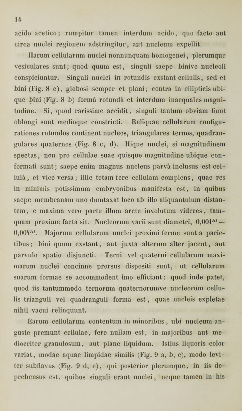 u acido acetico; rumpitur tamen interdum acido, quo facto aut circa nuclei regionem adstringitur, aut nucleum expellit. Harum cellularum nuclei nonnunquam homogenei, plerumque vesiculares sunt; quod quum est, singuli saepe binive nucleoli conspiciuntur. Singuli nuclei in rotundis exstant cellulis, sedet bini (Fig. 8 e), globosi semper et plani; contra in ellipticis ubi¬ que bini (Fig. 8 b) forma rotunda et interdum inaequales magni¬ tudine. Si, quod rarissime accidit, singuli tantum obviam fiunt oblongi sunt medioque constricti. Reliquae cellularum configu¬ rationes rotundos continent nucleos, triangulares ternos, quadran¬ gulares quaternos (Fig. 8 c, d). Hique nuclei, si magnitudinem spectas, non pro cellulae suae quisque magnitudine ubique con¬ formati sunt; saepe enim magnus nucleus parva inclusus est cel¬ lula, et vice versa; illic totam fere cellulam complens, quae res in minimis potissimum embryonibus manifesta est, in quibus saepe membranam uno dumtaxat loco ab illo aliquantulum distan¬ tem, e maxima vero parte illiun arcte involutum videres, tam¬ quam proxime facta sit. Nucleorum varii sunt diametri, 0,001/y/ — OjOOi'. Majorum cellularum nuclei proximi ferme sunt a parie¬ tibus; bini quum exstant, aut juxta alterum alter jacent, aut parvulo spatio disjuncti. Terni vel quaterni cellularum maxi¬ marum nuclei concinne prorsus dispositi sunt, ut cellularum suarum formae se accommodent imo efficiant; quod inde patet, quod iis tantummodo ternorum quaternorumve nucleorum cellu¬ lis trianguli vel quadranguli forma est, quae nucleis expletae nihil vacui relinquunt. Earum cellularum contentum in minoribus , ubi nucleum an¬ guste premunt cellulae, fere nullam est, in majoribus aut me¬ diocriter granulosum, aut plane liquidum. Istius liquoris color variat, modae aquae limpidae similis (Fig. 9 a, b, c), modo levi¬ ter subflavus (Fig. 9 d, e), qui posterior plerumque, in iis de¬ prehensus est, quibus singuli erant nuclei, neque tamen in his