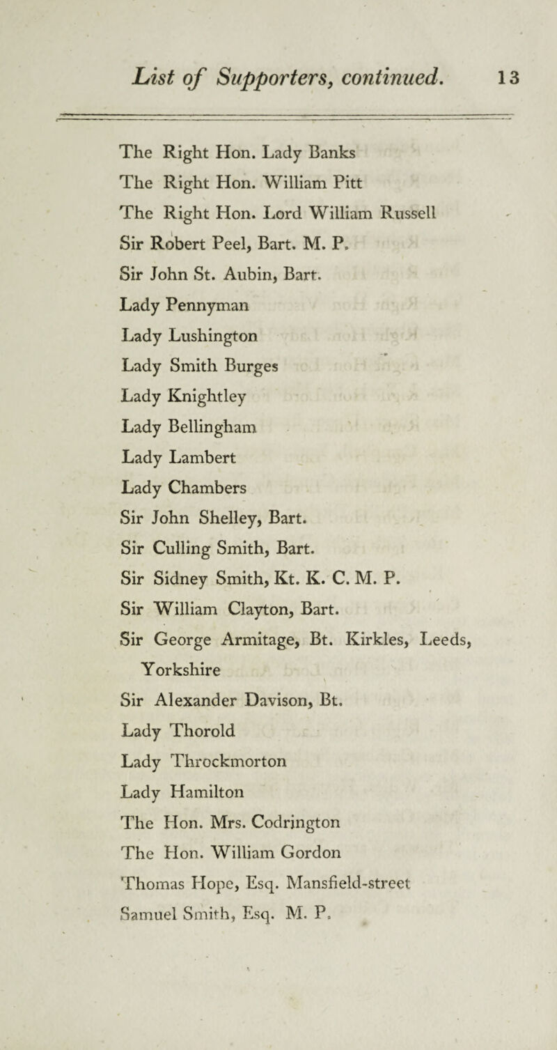 The Right Hon. Lady Banks The Right Hon. William Pitt The Right Hon. Lord William Russell Sir Robert Peel, Bart. M. P. Sir John St. Aubin, Bart. Lady Pennyman Lady Lushington Lady Smith Burges Lady Knightley Lady Bellingham Lady Lambert Lady Chambers Sir John Shelley, Bart. Sir Culling Smith, Bart. Sir Sidney Smith, Kt. K. C. M. P. Sir William Clayton, Bart. Sir George Armitage, Bt. IGrkles, Leeds, Yorkshire Sir Alexander Davison, Bt. Lady Thorold Lady Throckmorton Lady Hamilton The Hon. Mrs. Codrington The Hon. William Gordon Thomas Hope, Esq. MansfiekLstreet Samuel Smith, Esq. M. P,