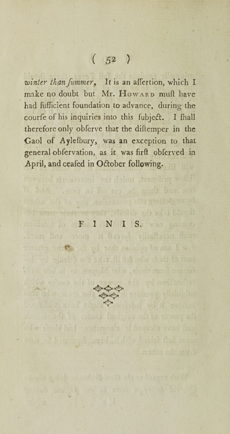 winter thanfammer. It is an affertion, which I make no doubt but Mr. Howard mult have had fufhcient foundation to advance, during the courfe of his inquiries into this fubjedh I fhall therefore only obferve that the diftcmper in the Caol of Aylefbury, was an exception to that general obfervation, as it was firft obfcrved in April, and ceafed in O&ober following. F I N I S. v <7>