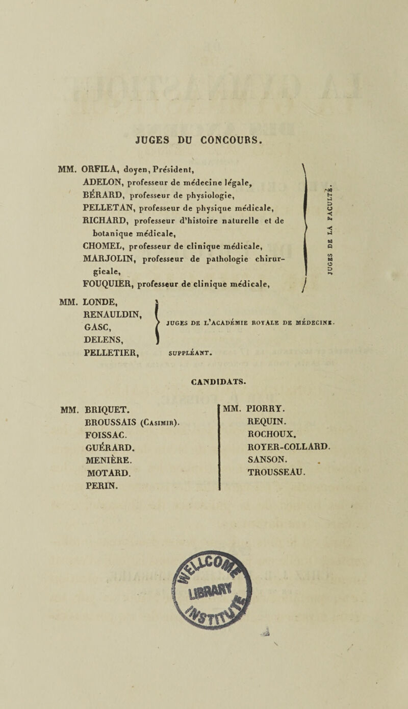 JUGES DU CONCOURS MM. ORFILA, doyen, President, ADELON, professeur de médecine légale, BERARD, professeur de physiologie, PELLETAN, professeur de physique médicale, RICHARD, professeur d'histoire naturelle et de botanique médicale, CHOMEL, professeur de clinique médicale, MARJOLIN, professeur de pathologie chirur¬ gicale, FOUQUIER, professeur de clinique médicale, MM. LONDE, RENAULDIN, G ASC, DELENS, PELLETIER, ! , . > JUGES DE I. ACADEMIE ROYALE DE MEDECIN*. SUPPLÉANT. CANDIDATS. MM. BRIQUET. BROUSSAIS (Casimir). FOISSAC. GUÉRARD. MENIÈRE. MOTARD. PERIN. MM. PIORRY. REQUIN. ROCHOUX. ROYER-COLLARD. SANSON. TROUSSEAU. JUGES DE LA FACULTE