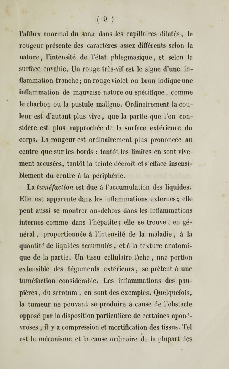 l’afflux anormal du sang dans les capillaires dilatés* la rougeur présente des caractères assez différents selon la nature, l’intensité de l’état phlegmasique, et selon la surface envahie. Un rouge très-vif est le signe d’une in¬ flammation franche ; un rouge violet ou brun indique une inflammation de mauvaise nature ou spécifique, comme le charbon ou la pustule maligne. Ordinairement la cou¬ leur est d’autant plus vive, que la partie que l’on con¬ sidère est plus rapprochée de la surface extérieure du corps. La rougeur est ordinairement plus prononcée au centre que sur les bords : tantôt les limites en sont vive¬ ment accusées, tantôt la teinte décroît et s’efface insensi¬ blement du centre à la périphérie. La tuméfaction est due à l’accumulation des liquides. Elle est apparente dans les inflammations externes ; elle peut aussi se montrer au-dehors dans les inflammations internes comme dans l’hépatite ; elle se trouve , en gé¬ néral , proportionnée à l’intensité de la maladie, à la quantité de liquides accumulés, et à la texture anatomi¬ que de la partie. Un tissu cellulaire lâche, une portion extensible des téguments extérieurs, se prêtent à une tuméfaction considérable. Les inflammations des pau¬ pières, du scrotum , en sont des exemples. Quelquefois, la tumeur ne pouvant se produire à cause de l’obstacle opposé par la disposition particulière de certaines aponé¬ vroses , il y a compression et mortification des tissus. Tel « est le mécanisme et la cause ordinaire de la plupart des