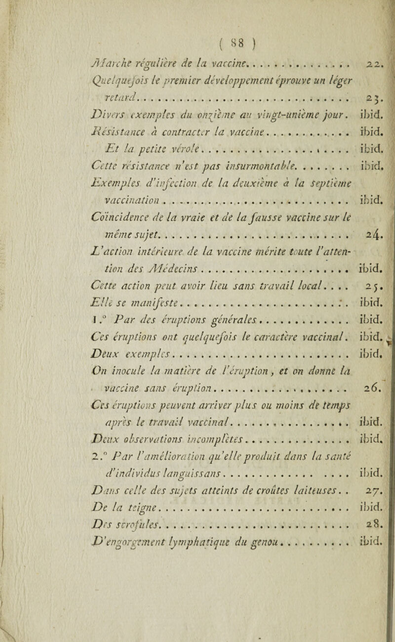 22. ( «8 ) Al arche régulière de la vaccine. o Quelquefois le premier développement éprouve un léger retard.. Divers exemples du onzième au vingt-uni'eme jour. Résistance a contracter la vaccine. lit la petite vérole.» . . . . Cette résistance n est pas insurmontable. Exemples d’infection de la deuxieme à la septième vaccination. Coïncidence de la vraie et de la fausse vaccine sur le même sujet.. L’action intérieure de la vaccine mérite toute latten¬ tion des ALédceins. Cette action peut avoir lieu sans travail local. . . . Elle se manifeste..*. 1. ° Par des éruptions générales. Ces éruptions ont quelquefois le caractère vaccinal. Deux exemples. On inocule la matière de l’éruption, et on donne la vaccine sans éruption... Ces éruptions peuvent arriver plus ou moins de temps apres le travail vaccinal...* . D eux observations incomplètes. 2. ° Par d amélioration qu elle produit dans la santé d’individus l an guis s ans. Dans celle des sujets atteints de croûtes laiteuses. . De la teigne.. Des scrofules. D’engorgement lymphatique du genou. ibid. ibid. ibid. ibid. ibid. 24. ibid. ibid. ibid. ibid. ibid, 26. ibid. ibid. ibid. 27. ibid. 28. ibid.