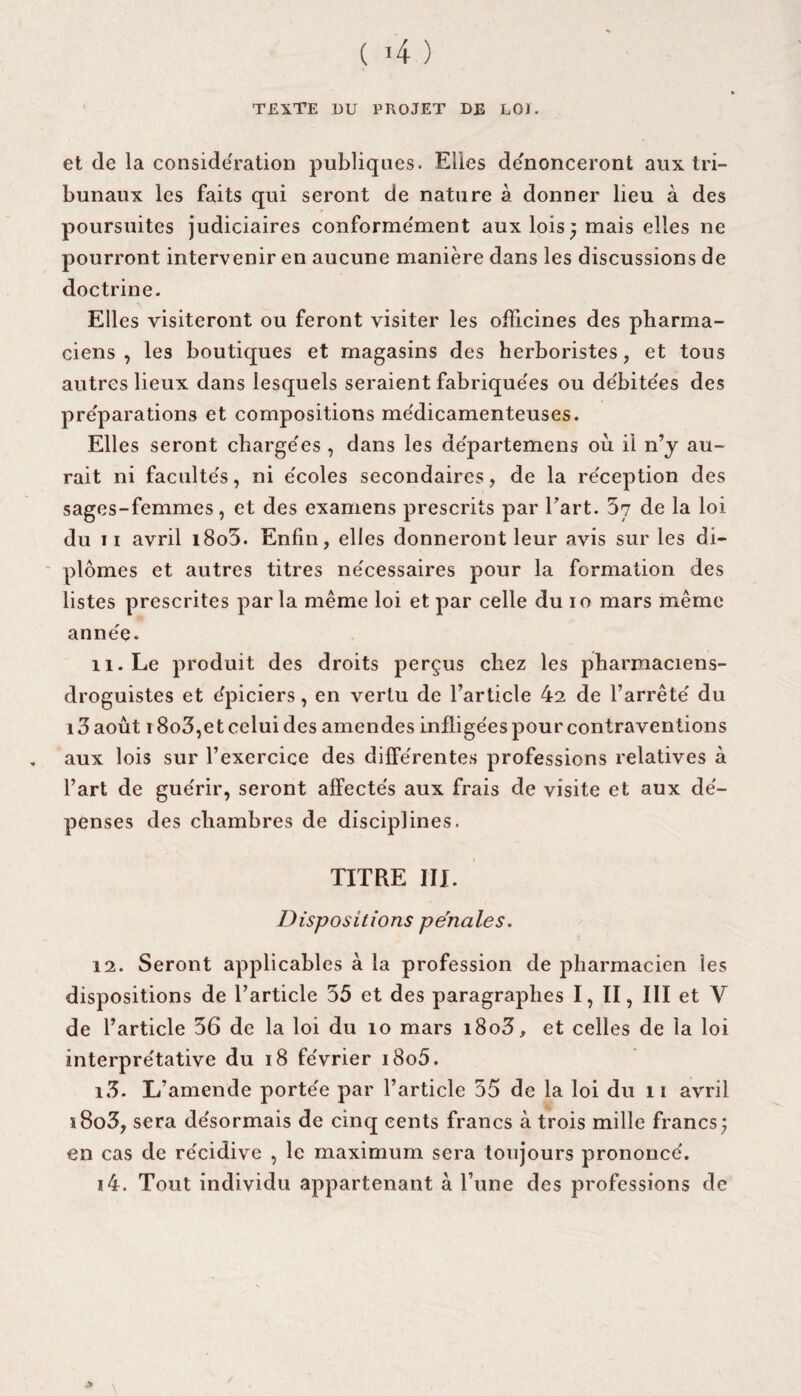 TEXTE DU PROJET DE LOI. et de la considération publiques. Elles dénonceront aux tri¬ bunaux les faits qui seront de nature à donner lieu à des poursuites judiciaires conformément aux lois; mais elles ne pourront intervenir en aucune manière dans les discussions de doctrine. Elles visiteront ou feront visiter les officines des pharma¬ ciens , les boutiques et magasins des herboristes, et tous autres lieux dans lesquels seraient fabriquées ou débitées des préparations et compositions médicamenteuses. Elles seront chargées , dans les départemens où il n’y au¬ rait ni facultés, ni écoles secondaires, de la réception des sages-femmes, et des examens prescrits par l’art. 57 de la loi du ii avril i8o5. Enfin, elles donneront leur avis sur les di¬ plômes et autres titres nécessaires pour la formation des listes prescrites parla même loi et par celle du io mars même année. 11. Le produit des droits perçus chez les pharmaciens- droguistes et épiciers, en vertu de l’article 42 de l’arrêté du 13 août 18o3,e t celui des amendes infligées pour contraventions „ aux lois sur l’exercice des différentes professions relatives à l’art de guérir, seront affectés aux frais de visite et aux dé¬ penses des chambres de disciplines. TITRE III. Dispositions penales. 12. Seront applicables à la profession de pharmacien les dispositions de l’article 35 et des paragraphes I, II, III et V de l’article 56 de la loi du îo mars i8o3, et celles de la loi interprétative du 18 février i8o5. 13. L’amende portée par l’article 55 de la loi du n avril i8o3, sera désormais de cinq cents francs à trois mille francs; en cas de récidive , le maximum sera toujours prononcé. ï4. Tout individu appartenant à l’une des professions de * \