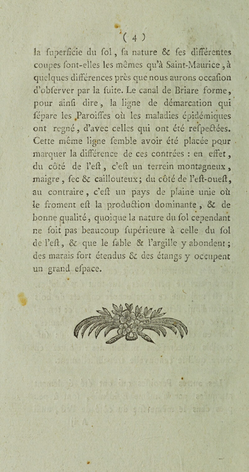 la fiiperHcie du fol, fa nature &c fes différentes coupes font-elles les memes qu’à Saint-Maurice , à quelques différences près que nous aurons occafion ü’obferver parla fuite. Le canal de Briare forme, pour ainfi dire, la ligne de démarcation qui fépare les JParoifies où les maladies épidémiques ont régné, d’avec celles qui ont été refpe&ées. Cette même ligne femble avoir été placée pour marquer la différence de ces contrées : en effet, du côté de l’efl, c’eft un terrein montagneux , maigre , fec & caillouteux; du côté de l’eft-oueft, au contraire , c’efl un pays de plaine unie où le froment eft la production dominante , & de bonne qualité, quoique la nature du fol cependant ne foit pas beaucoup fupérieure à celle du fol de l’eft, & que le fable & l’argilîe y abondent; des marais fort étendus oc des étangs y occupent un grand efpace. f