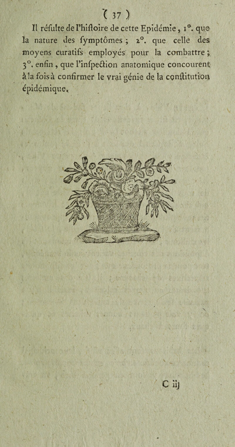 Il réfuîte de I’hifioire de cette Epidémie, ia. que la nature des fymptômes ; i°. que celle des moyens curatifs employés pour la combattre ; 3°. enfin , que l’infpeâion anatomique concourent à la fois à confirmer le vrai génie de la cçnftitutiou épidémique. C nj