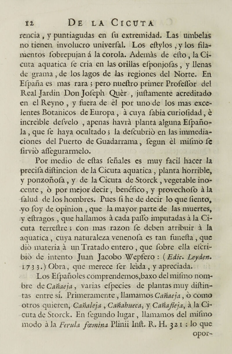 renciá, y puntiagudas en fu extremidad. Las umbelas no tienen involucro univerfal. Los eftylos , y los fila¬ mentos fobrepujan á la corola. Además de ello, la Ci¬ cuta aquatica fe cria en las orillas efponjofas, y llenas de grama, de los lagos de las regiones del Norte. En Efpaña es mas rara > pero nueftro primer ProfeíTor del Realjardin Donjofeph Quér , juicamente acreditado en el Reyno , y fuera de el por uno de los mas exce¬ lentes Botánicos de Europa, á cuya fabia curioíidad, e increíble defvelo , apenas havrá planta alguna Eípaño- la , que fe haya ocultado; la defcubrió en las immedia- ciones del Puerto de Guadarrama, fegun él mifmo fe firvió affegurarmelo. Por medio de ellas feñales es muy fácil hacer la precifadiítincion de lá Cicuta aquatica, planta horrible, y ponzoñofa, y de la Cicuta de Storck , vegetable ino¬ cente , 6 por mejor decir, benéfico , y provechofo á la falud de los hombres. Pues íi he de decir lo que liento, yo foy de opinión , que la mayor parte de las muertes, y eftragos , que hallamos á cada pallo imputadas á la Ci¬ cuta terreftre > con mas razón fe deben atribuir á la aquatica, cuya naturaleza venenofa es tan funeíla , que dio materia á un Tratado entero, que fobre ella eícri- bió de intento Juan Jacobo Wepfero : (Edic. Leyden. 173 3.) Obra, que merece fer leída, y apreciada. Los Efpañoles comprendemos,baxo del mifmo nom¬ bre de Cañaeja , varias efpecies de plantas muy diílin- tas entre sí. Primeramente, llamamos Cañaeja, ó como otros quieren, Canaleja , Cañahueca, y Caña fie ja, á la Ci¬ cuta de Storck. En fegundo lugar, llamamos del mifmo modo á la Férula fcernina Plinii Inft. R. H. 321 ; lo que opo¡>