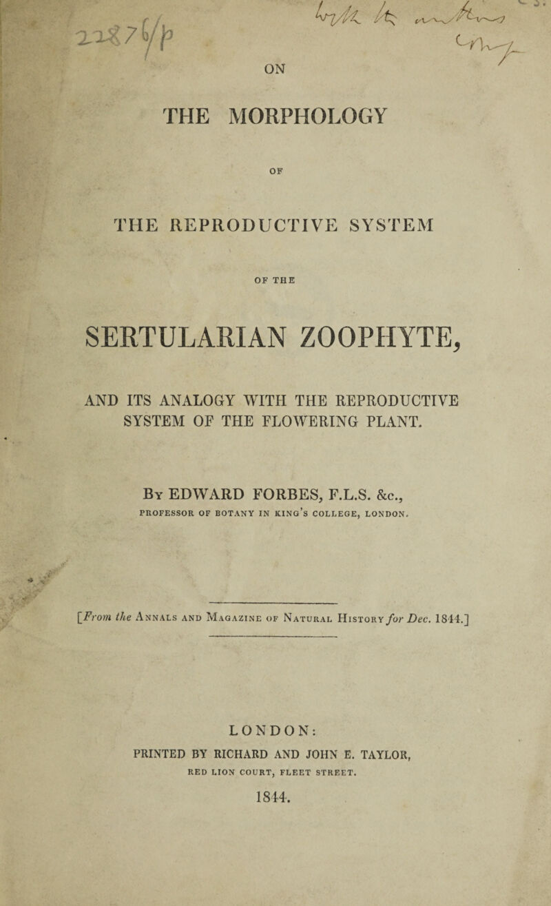 ON THE MORPHOLOGY THE REPRODUCTIVE SYSTEM OF THE SERTULARIAN ZOOPHYTE, AND ITS ANALOGY WITH THE REPRODUCTIVE SYSTEM OF THE FLOWERING PLANT. By EDWARD FORBES, F.L.S. &c., PROFESSOR OF BOTANY IN ICING’S COLLEGE, LONDON. [From the Annals and Magazine of Natural History^/* Dec. 1814.j LONDON: PRINTED BY RICHARD AND JOHN E. TAYLOR, RED lion court, fleet street. 1844,