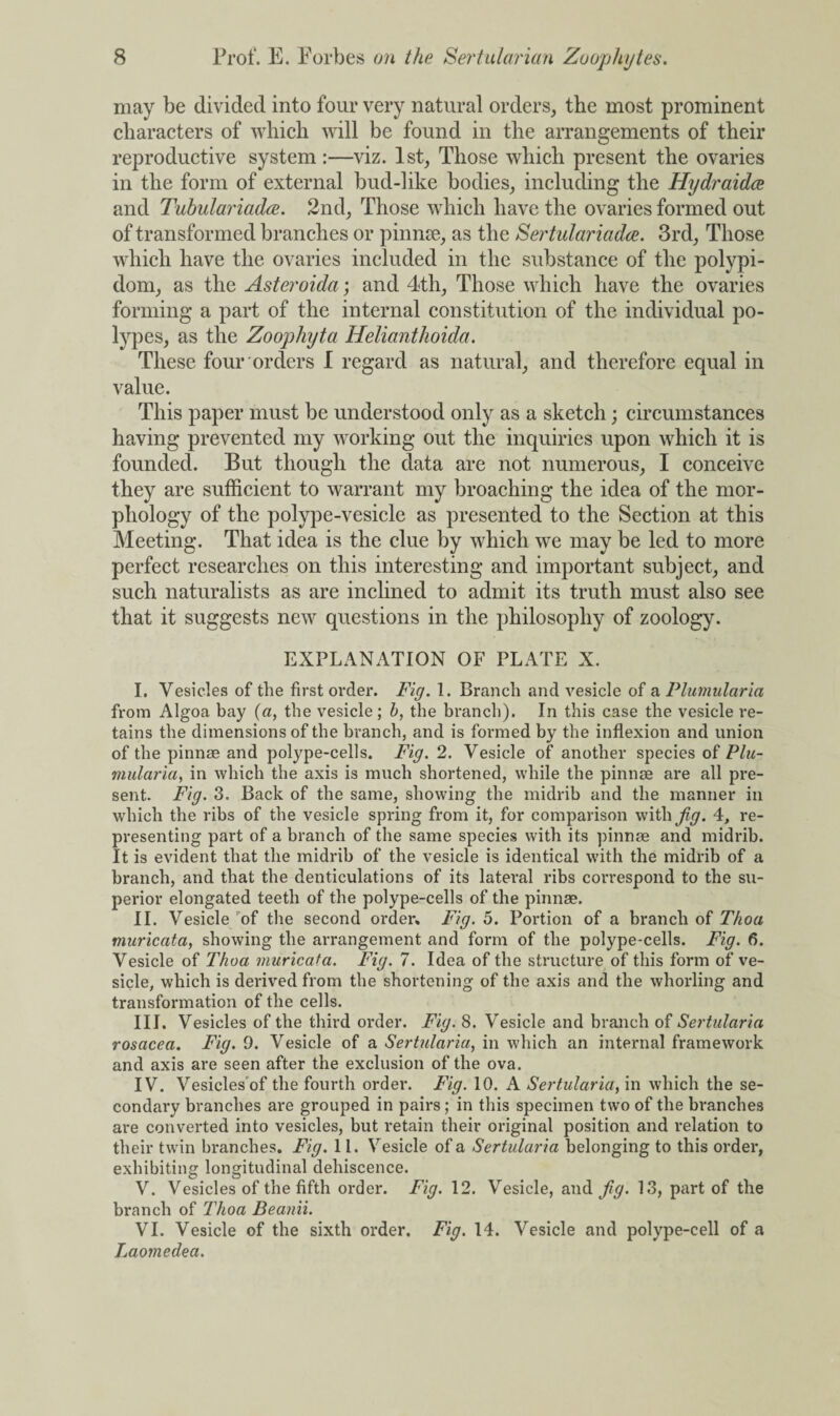may be divided into four very natural orders, the most prominent characters of which will be found in the arrangements of their reproductive system:—viz. 1st, Those which present the ovaries in the form of external bud-like bodies, including the Hydraidce and Tubulariadee. 2nd, Those which have the ovaries formed out of transformed branches or pinnae, as the Sertidariadce. 3rd, Those which have the ovaries included in the substance of the polypi- dom, as the Asteroida; and 4th, Those which have the ovaries forming a part of the internal constitution of the individual po¬ lypes, as the Zoophyta Helianthoida. These four orders I regard as natural, and therefore equal in value. This paper must be understood only as a sketch; circumstances having prevented my working out the inquiries upon which it is founded. But though the data are not numerous, I conceive they are sufficient to warrant my broaching the idea of the mor¬ phology of the polype-vesicle as presented to the Section at this Meeting. That idea is the clue by which wTe may be led to more perfect researches on this interesting and important subject, and such naturalists as are inclined to admit its truth must also see that it suggests new questions in the philosophy of zoology. EXPLANATION OF PLATE X. I. Vesicles of the first order. Fig. 1. Branch and vesicle of a Plumularia from Algoa bay (a, the vesicle; b, the branch). In this case the vesicle re¬ tains the dimensions of the branch, and is formed by the inflexion and union of the pinnse and polype-cells. Fig. 2. Vesicle of another species of Plu¬ mularia, in which the axis is much shortened, while the pinnse are all pre¬ sent. Fig. 3. Back of the same, showing the midrib and the manner in which the ribs of the vesicle spring from it, for comparison with yz$r. 4, re¬ presenting part of a branch of the same species with its pinnse and midrib. It is evident that the midrib of the vesicle is identical with the midrib of a branch, and that the denticulations of its lateral ribs correspond to the su¬ perior elongated teeth of the polype-cells of the pinnae. II. Vesicle of the second order. Fig. 5. Portion of a branch of T/ioa muricata, showing the arrangement and form of the polype-cells. Fig. 6. Vesicle of Thoa muricata. Fig. 7. Idea of the structure of this form of ve¬ sicle, which is derived from the shortening of the axis and the whorling and transformation of the cells. III. Vesicles of the third order. Fig. 8. Vesicle and branch of Sertularia rosacea. Fig. 9. Vesicle of a Sertularia, in which an internal framework and axis are seen after the exclusion of the ova. IV. Vesicles of the fourth order. Fig. 10. A Sertularia, in which the se¬ condary branches are grouped in pairs; in this specimen two of the branches are converted into vesicles, but retain their original position and relation to their twin branches. Fig. 11. Vesicle of a Sertularia belonging to this order, exhibiting longitudinal dehiscence. V. Vesicles of the fifth order. Fig. 12. Vesicle, and fig. 13, part of the branch of Thoa Beanii. VI. Vesicle of the sixth order. Fig. 14. Vesicle and polype-cell of a Laomedea.