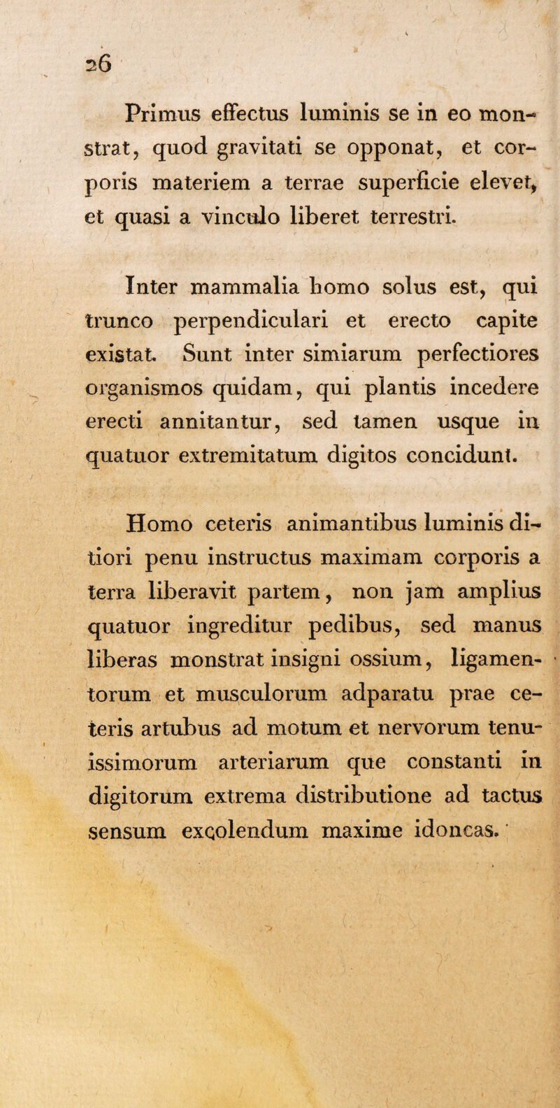Primus effectus luminis se in eo mon¬ strat , quod gravitati se opponat, et cor¬ poris materiem a terrae superficie elevet, et quasi a vinculo liberet terrestri. Inter mammalia homo solus est, qui trunco perpendiculari et erecto capite existat. Sunt inter simiarum perfectiores organismos quidam, qui plantis incedere erecti annitantur, sed tamen usque in qua tuor extremitatum digitos concidunt. Homo ceteris animantibus luminis di¬ tiori penu instructus maximam corporis a terra liberavit partem, non jam amplius quatuor ingreditur pedibus, sed manus liberas monstrat insigni ossium, ligamen¬ torum et musculorum adparatu prae ce¬ teris artubus ad motum et nervorum tenu¬ issimorum arteriarum que constanti in digitorum extrema distributione ad tactus sensum excolendum maxime idoneas.